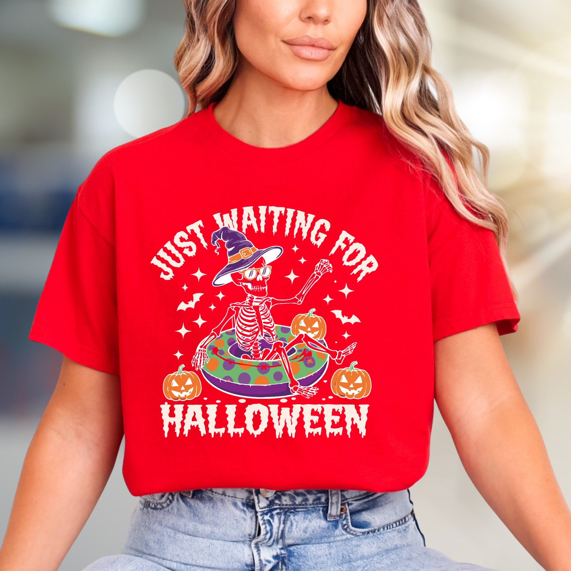 "JUST WAITING FOR HALLOWEEN" Spooky Skeleton Graphic Tee, a Funny Holiday Pick for Spooky Season Lovers
