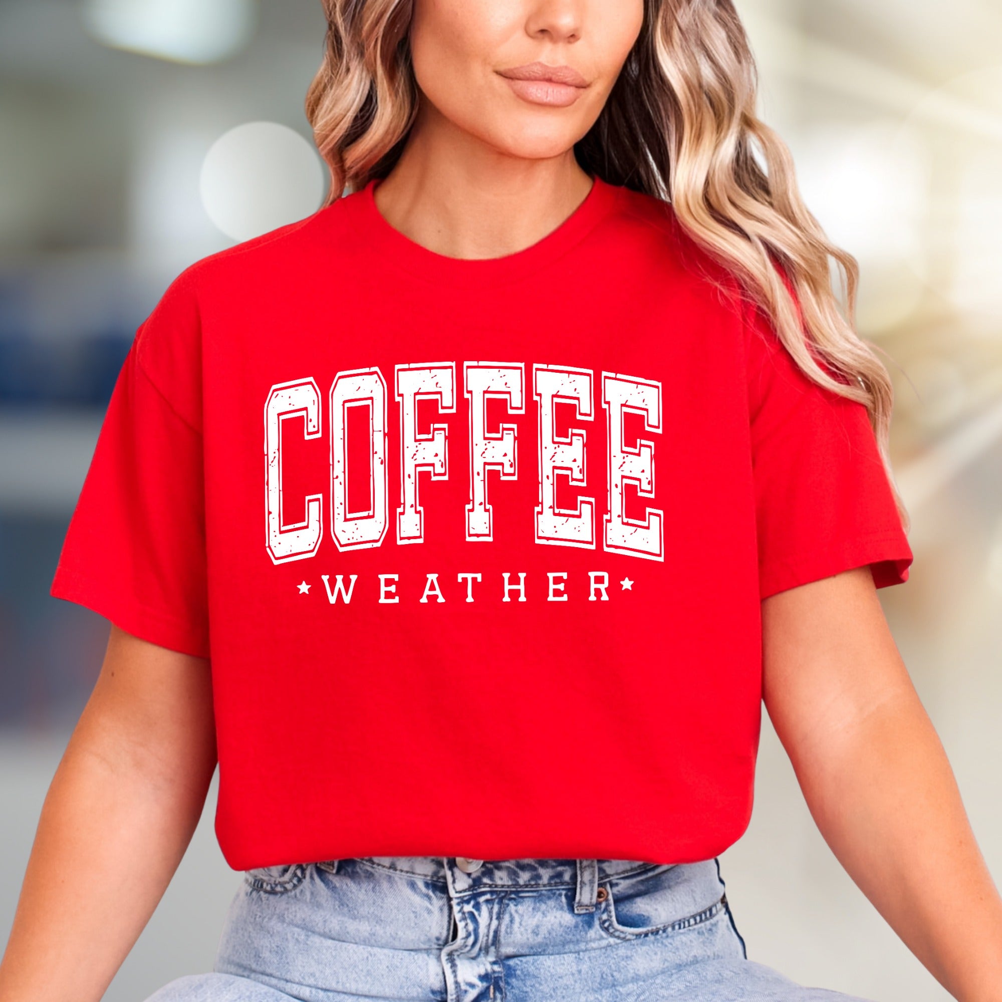 "Coffee Weather" Rustic Collegiate Graphic Tee, a Cozy Pick for Beverage Lovers