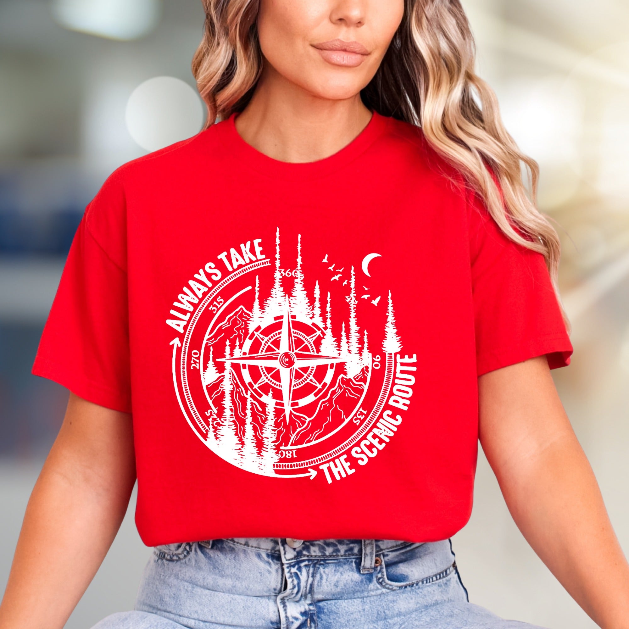 "Always Take The Scenic Route" Wilderness Compass Graphic Tee, an Adventure Enthusiast Pick for Outdoor Lovers