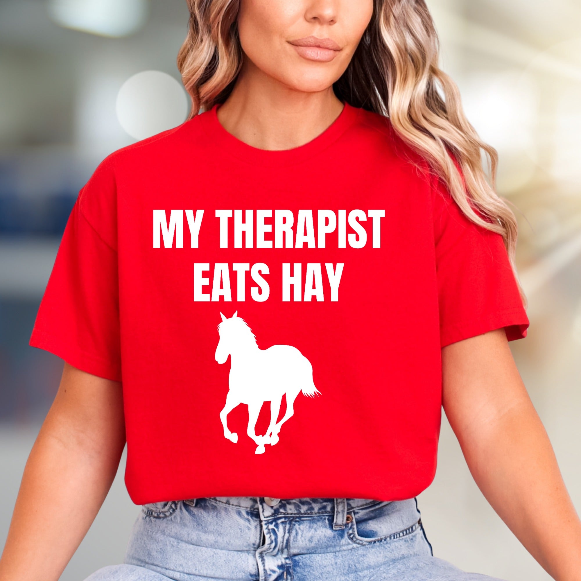 "My Therapist Eats Hay" Horse Graphic Tee, a Funny Equestrian Pick for Horse Lovers