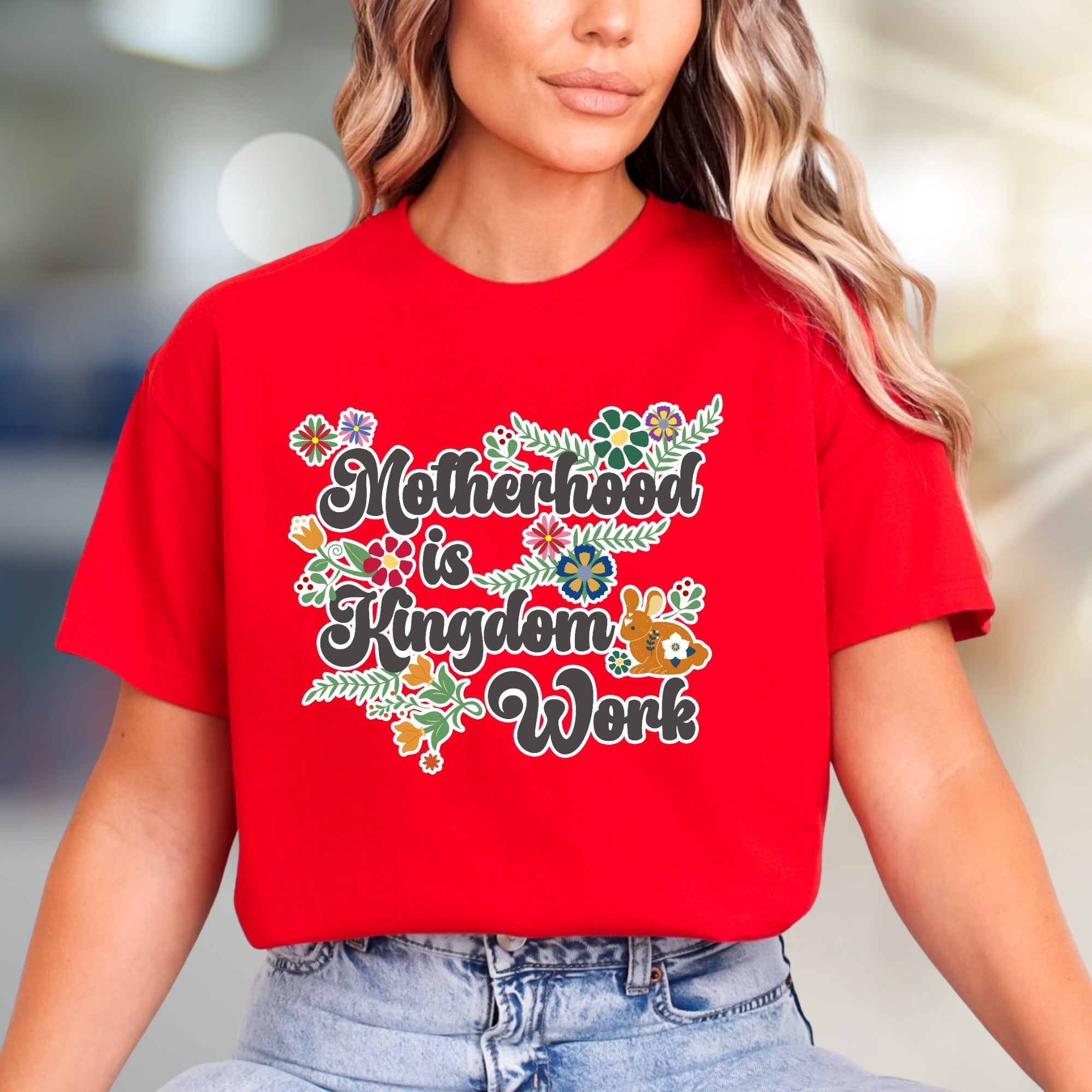 "Motherhood is Kingdom Work" Floral Graphic Tee, a Bohemian Mom Life Pick for Her