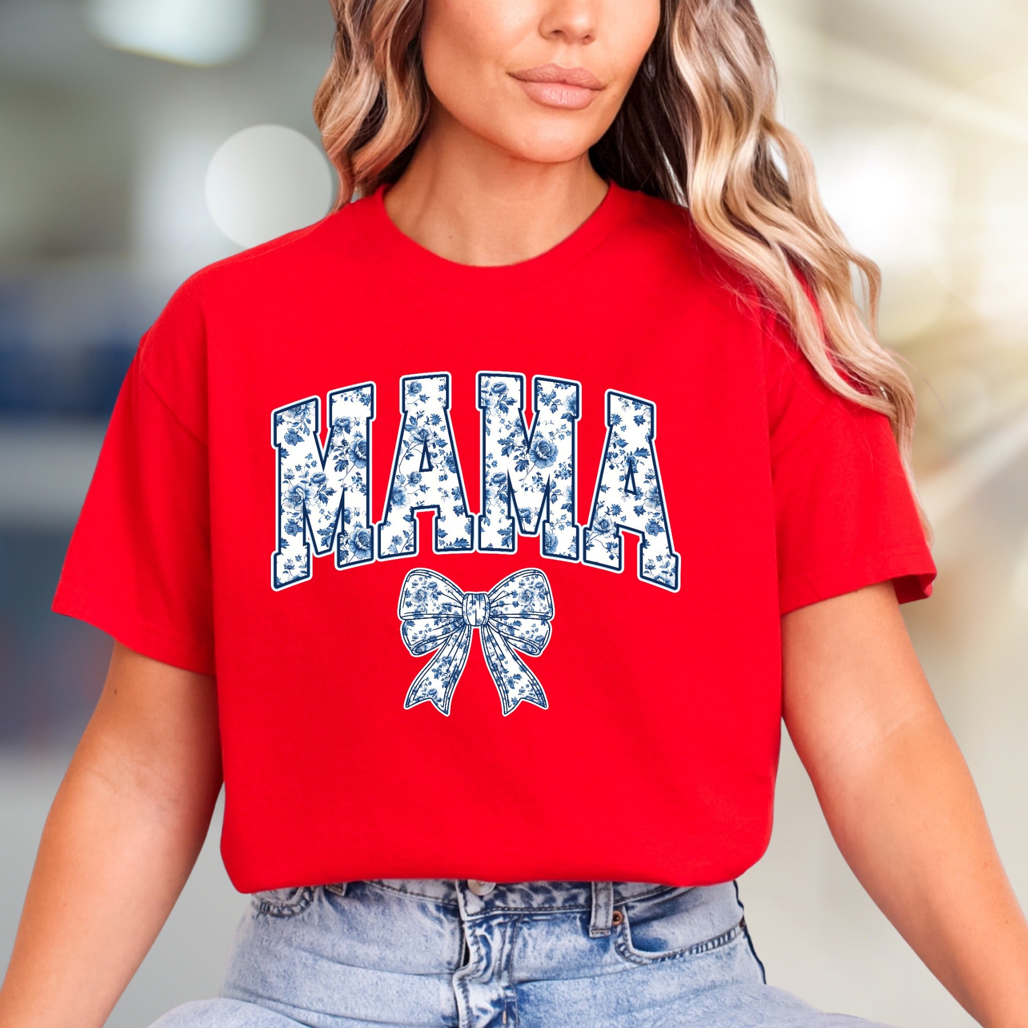 "MAMA" Chinoiserie Floral Bow Graphic Tee, a Motherhood Style Pick for Proud Moms