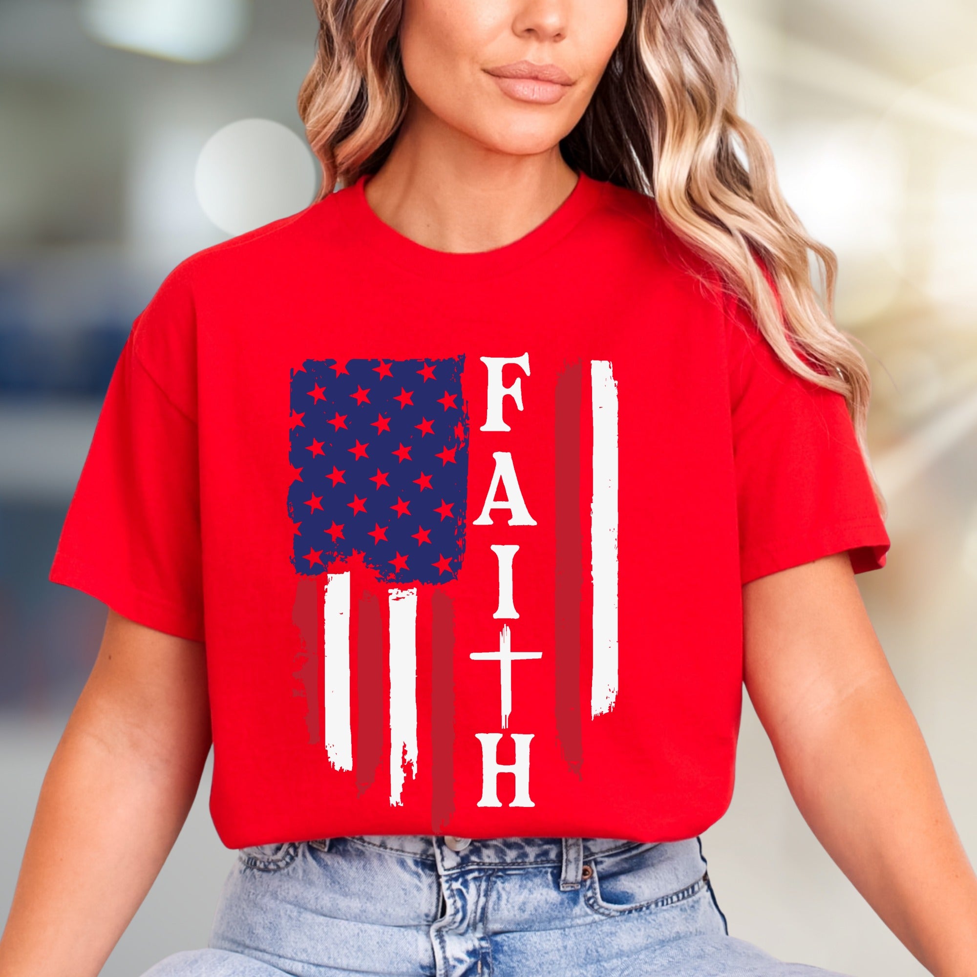 "FAITH" American Flag Graphic Tee, a Patriotic Expression for Believers