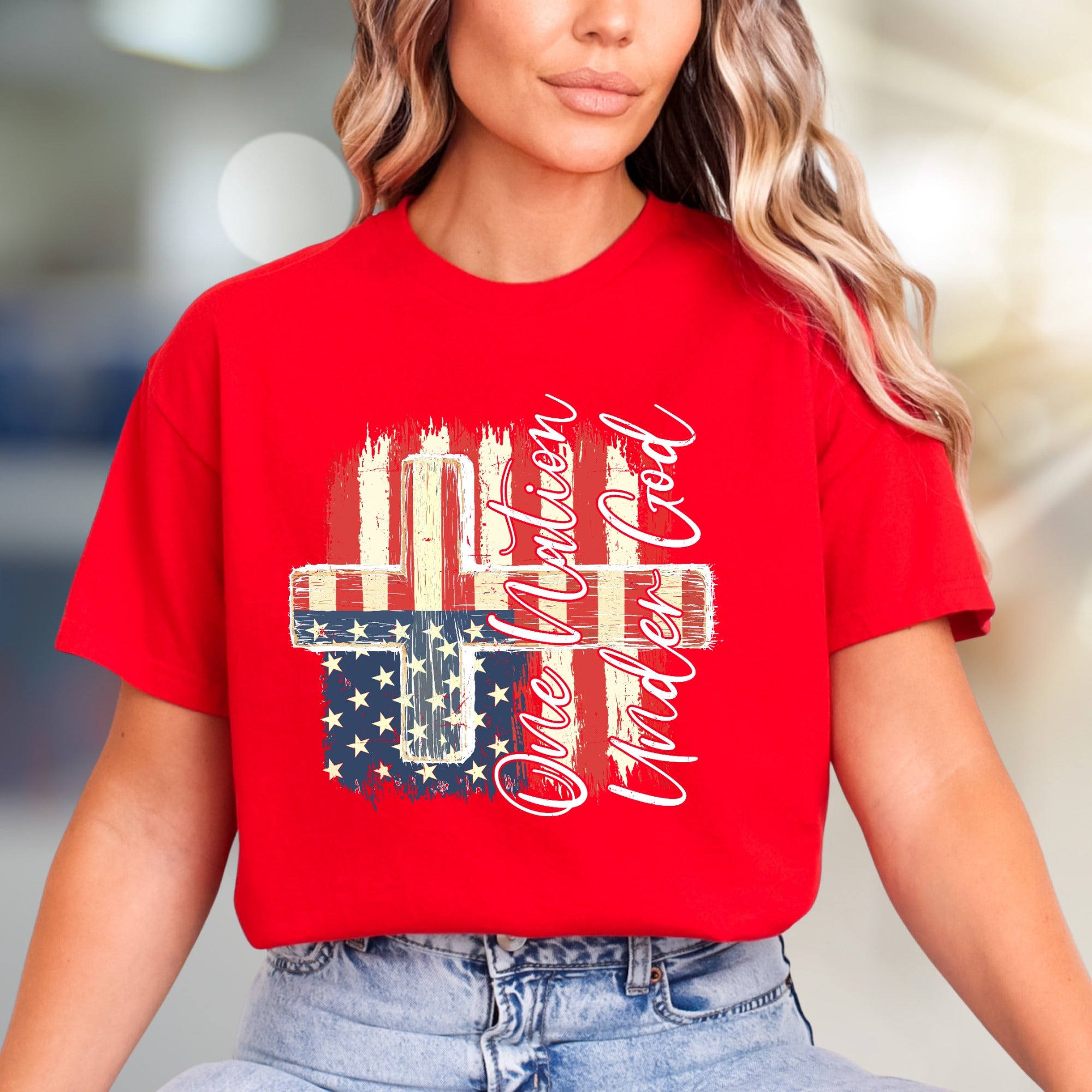 "One Nation Under God" Distressed Flag Cross Tee, a Patriotic Faith Statement