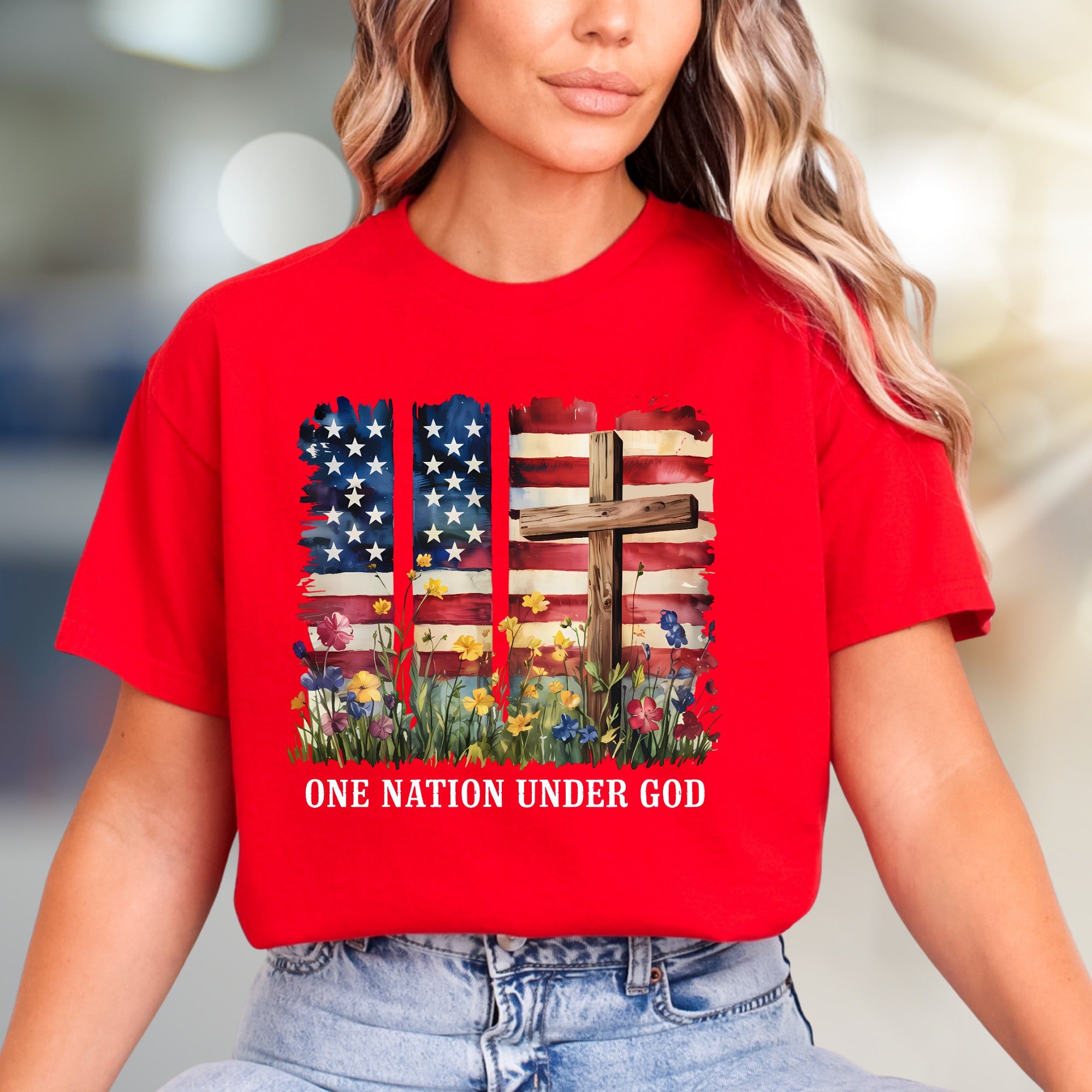"ONE NATION UNDER GOD" Patriotic Floral Graphic Tee, A Faith-Inspired Statement for Believers