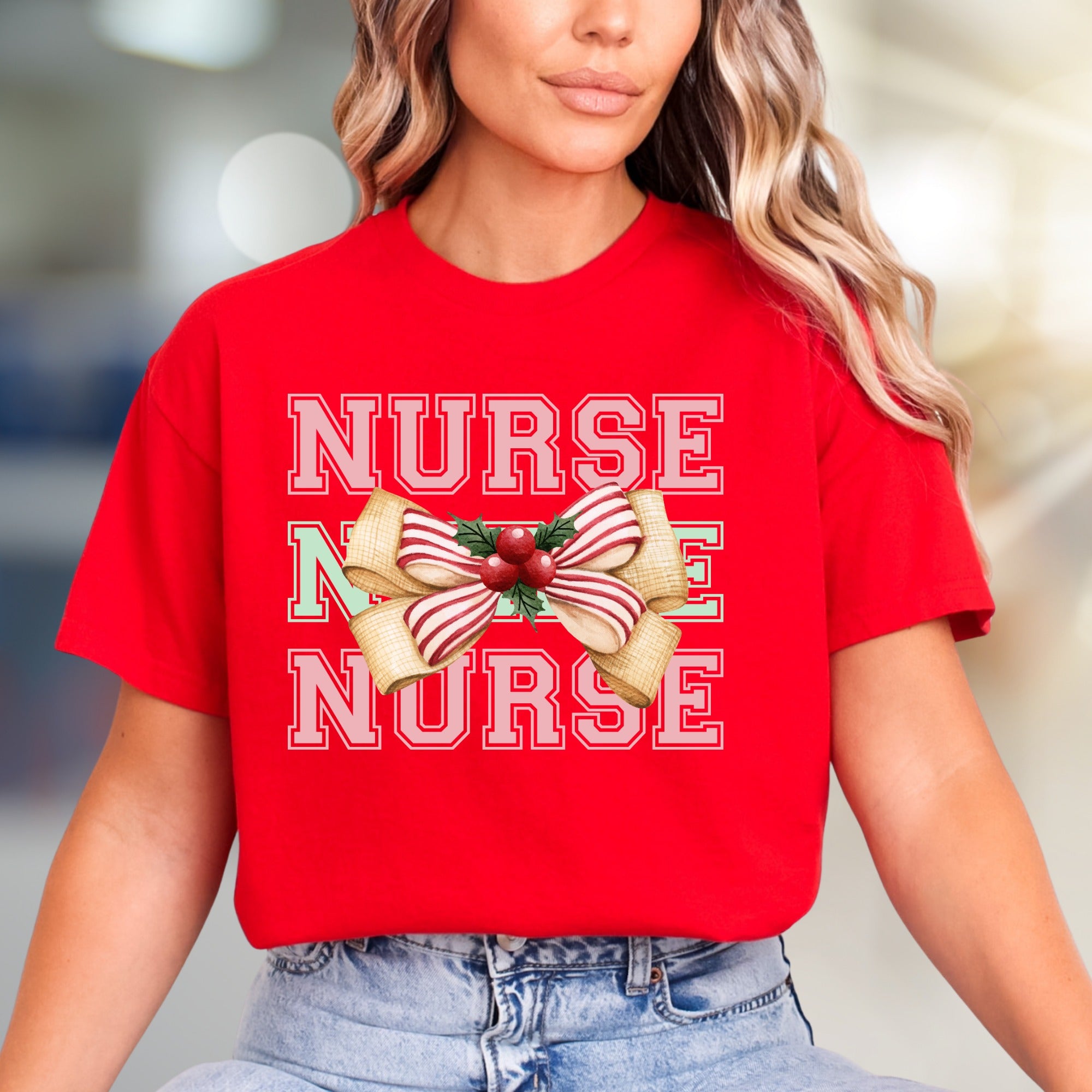 "Nurse" Holiday Bow Graphic Tee, a Festive Appreciation for Caregivers