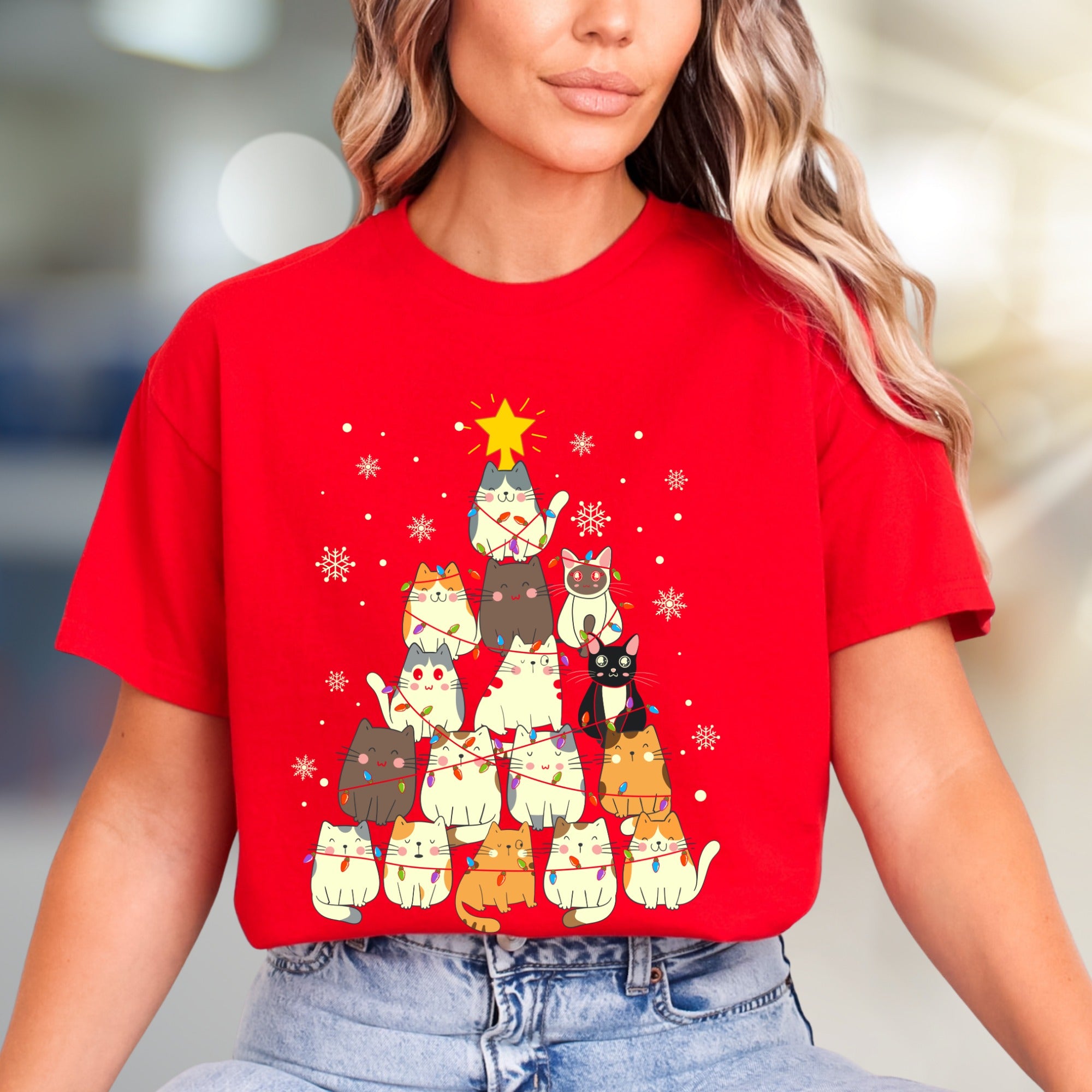 Charming Cat Christmas Tree Graphic Tee, A Cozy Holiday Pick for Pet Lovers