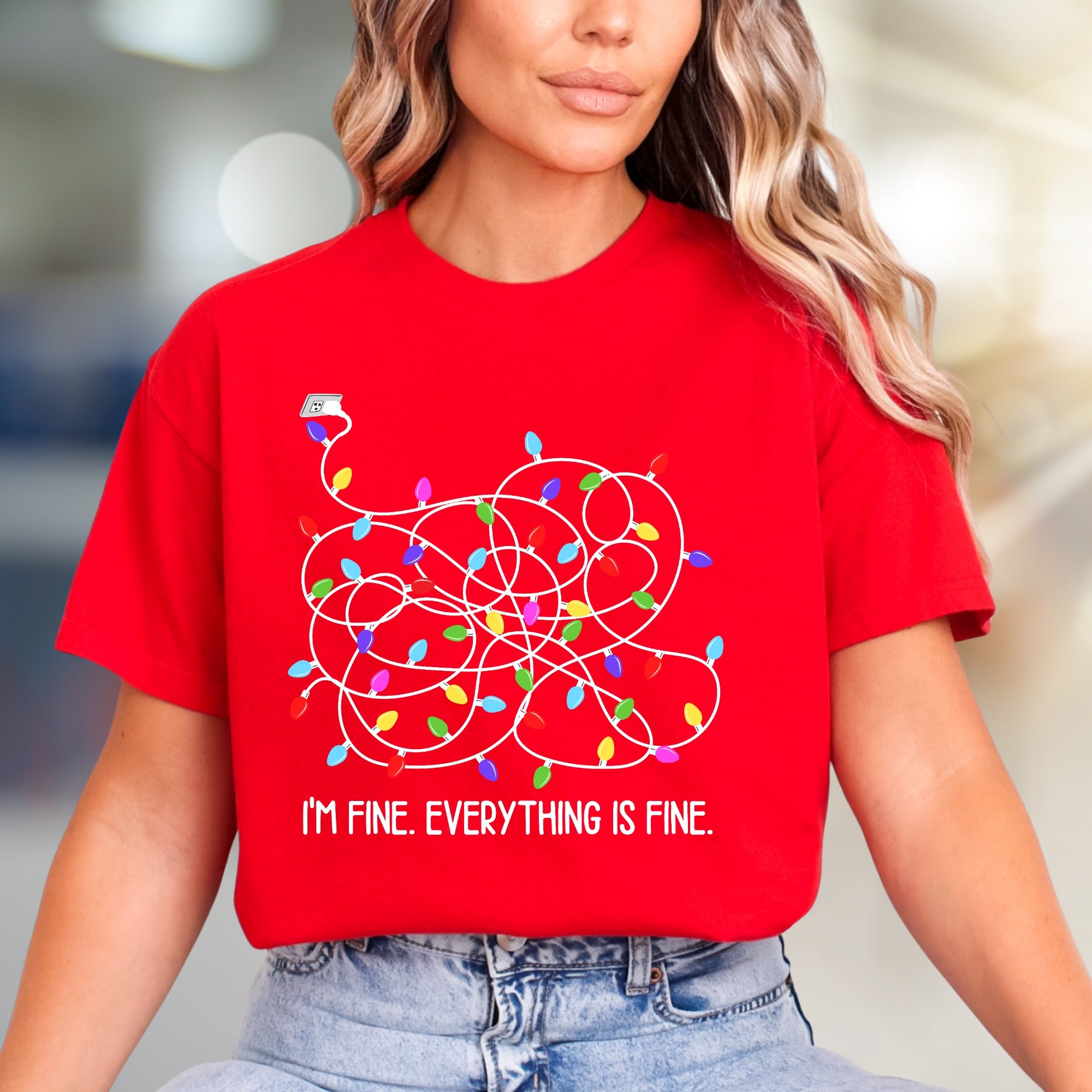 "I'm Fine. Everything Is Fine." Tangled Lights Graphic Tee, a Humorous Holiday Pick for Everyone