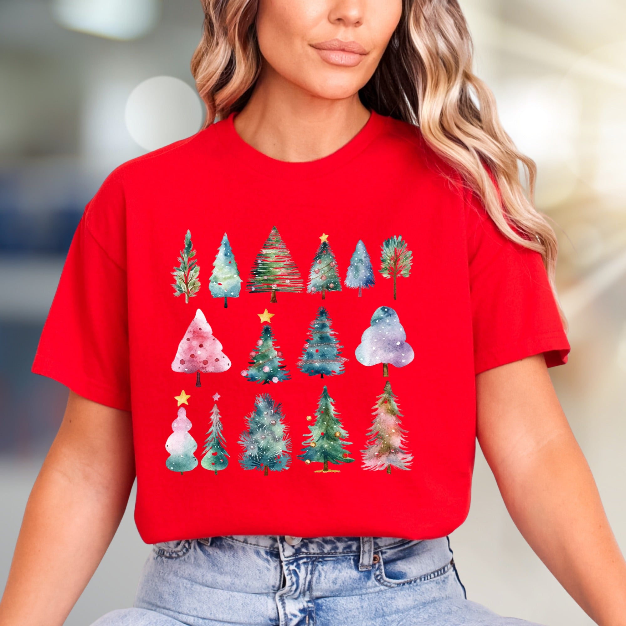 Winter Forest Watercolor Trees Graphic Tee, A Festive Casual Pick for Holiday Lovers