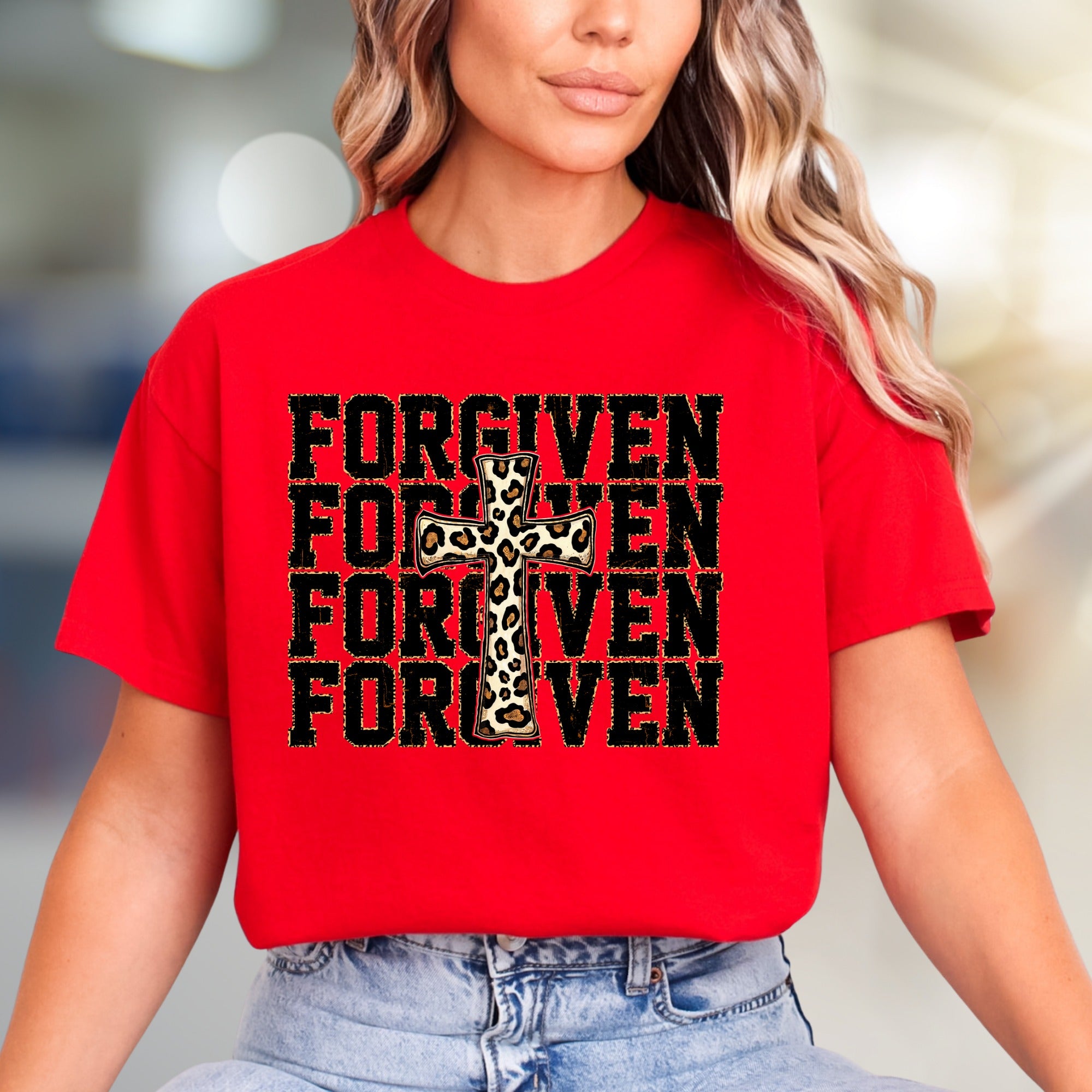 "FORGIVEN" Leopard Cross Graphic Tee, a Faith-Inspired Statement for Believers