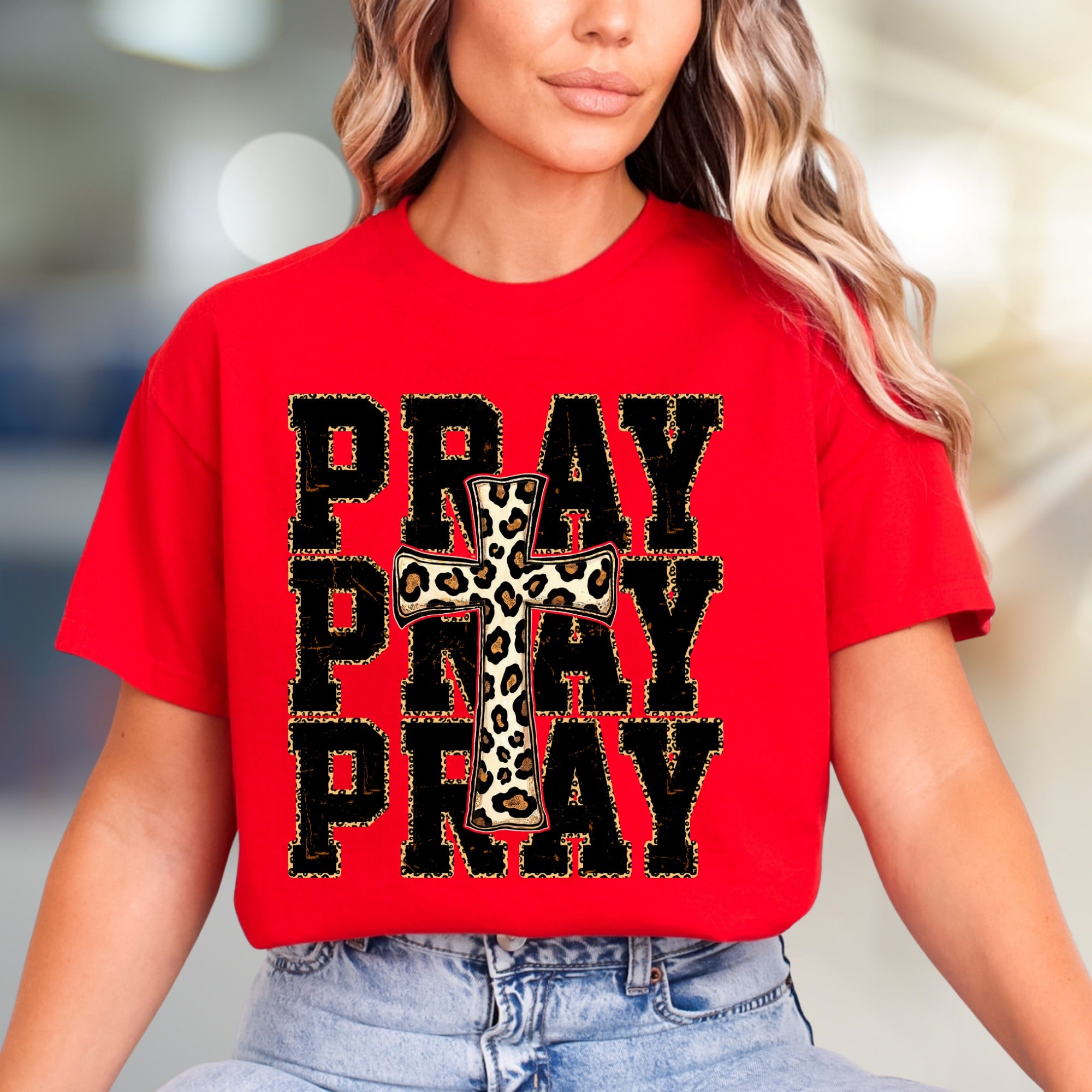 "PRAY" Leopard Print Cross Graphic Tee, a Faith-Inspired Western Pick for Her