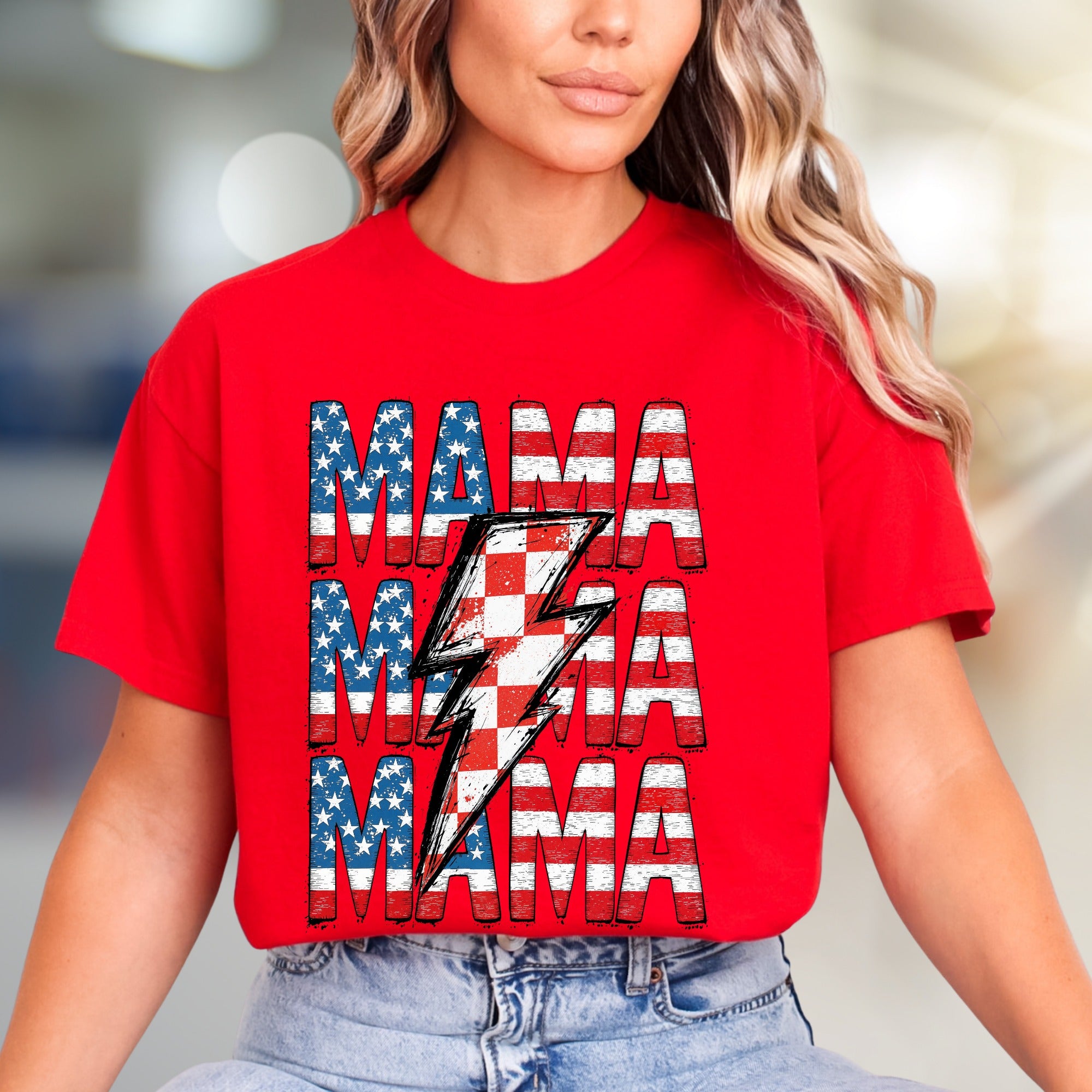"MAMA" American Flag Lightning Bolt Graphic Tee, a Patriotic Pick for Proud Moms
