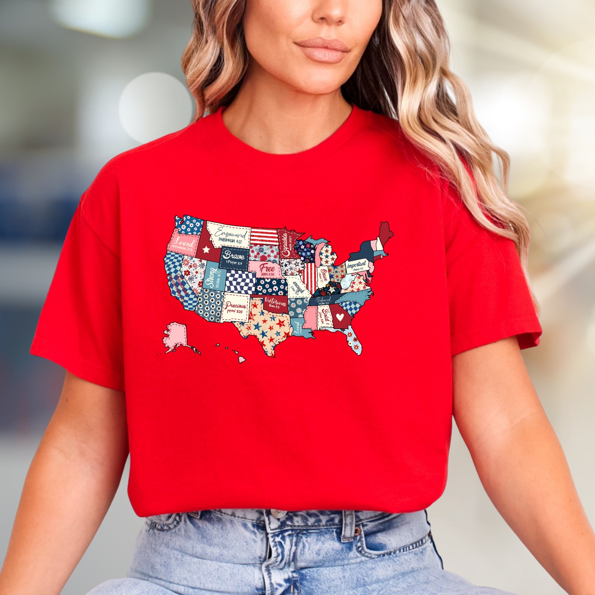 "Loved. Empowered. Brave." Christian Patchwork USA Graphic Tee, a Faith-Inspired Pick for Believers