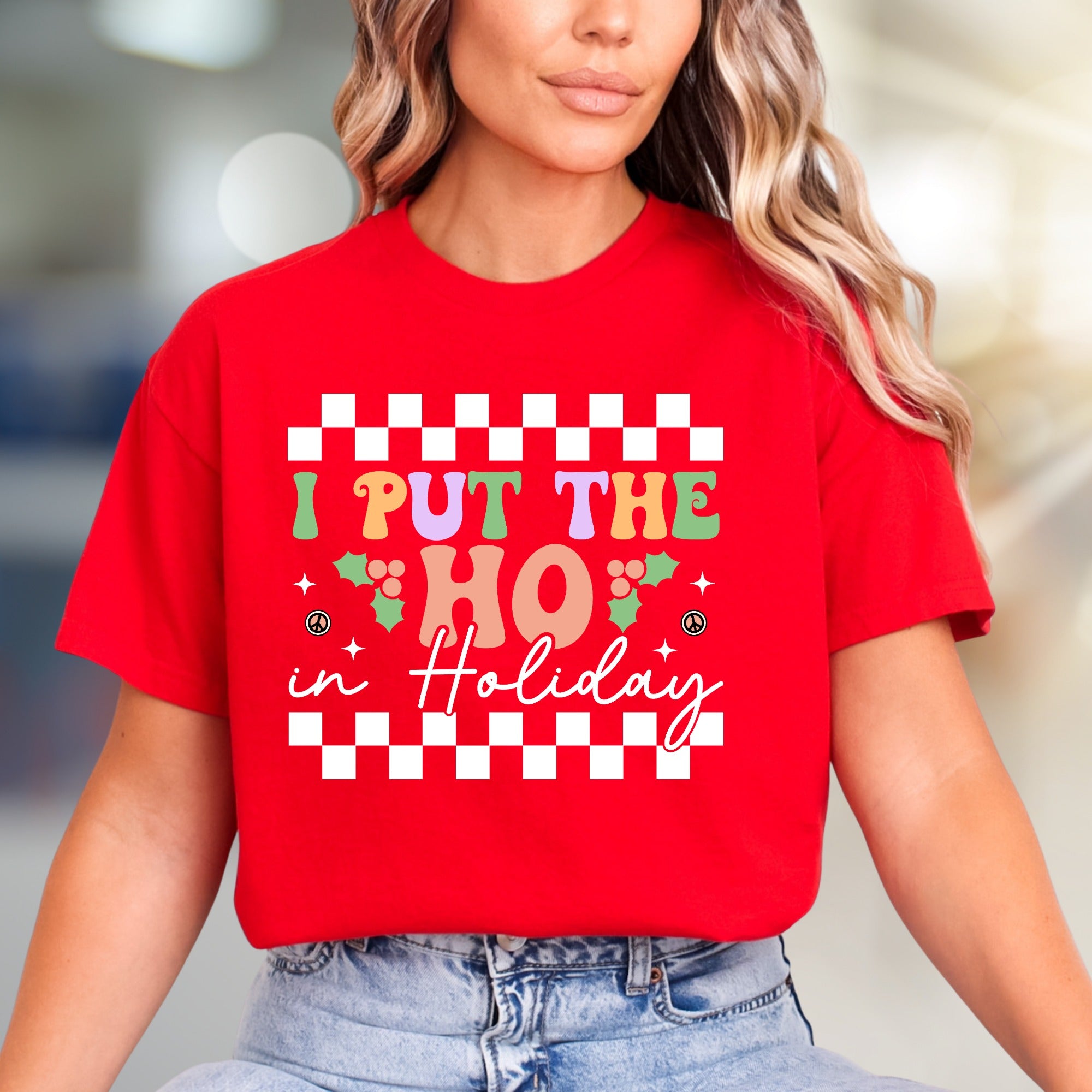 "I Put The Ho In Holiday" Checkerboard Graphic Tee, a Fun & Festive Statement
