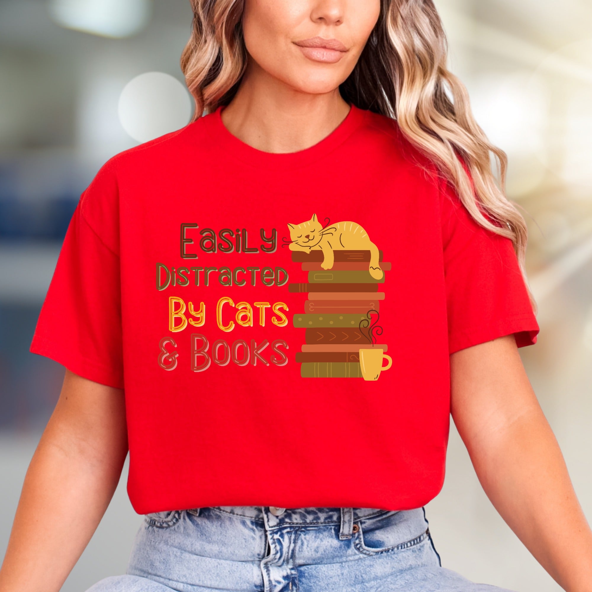 "Easily Distracted By Cats & Books" Cozy Reader Graphic Tee, a Feline Fan Pick for Book Lovers