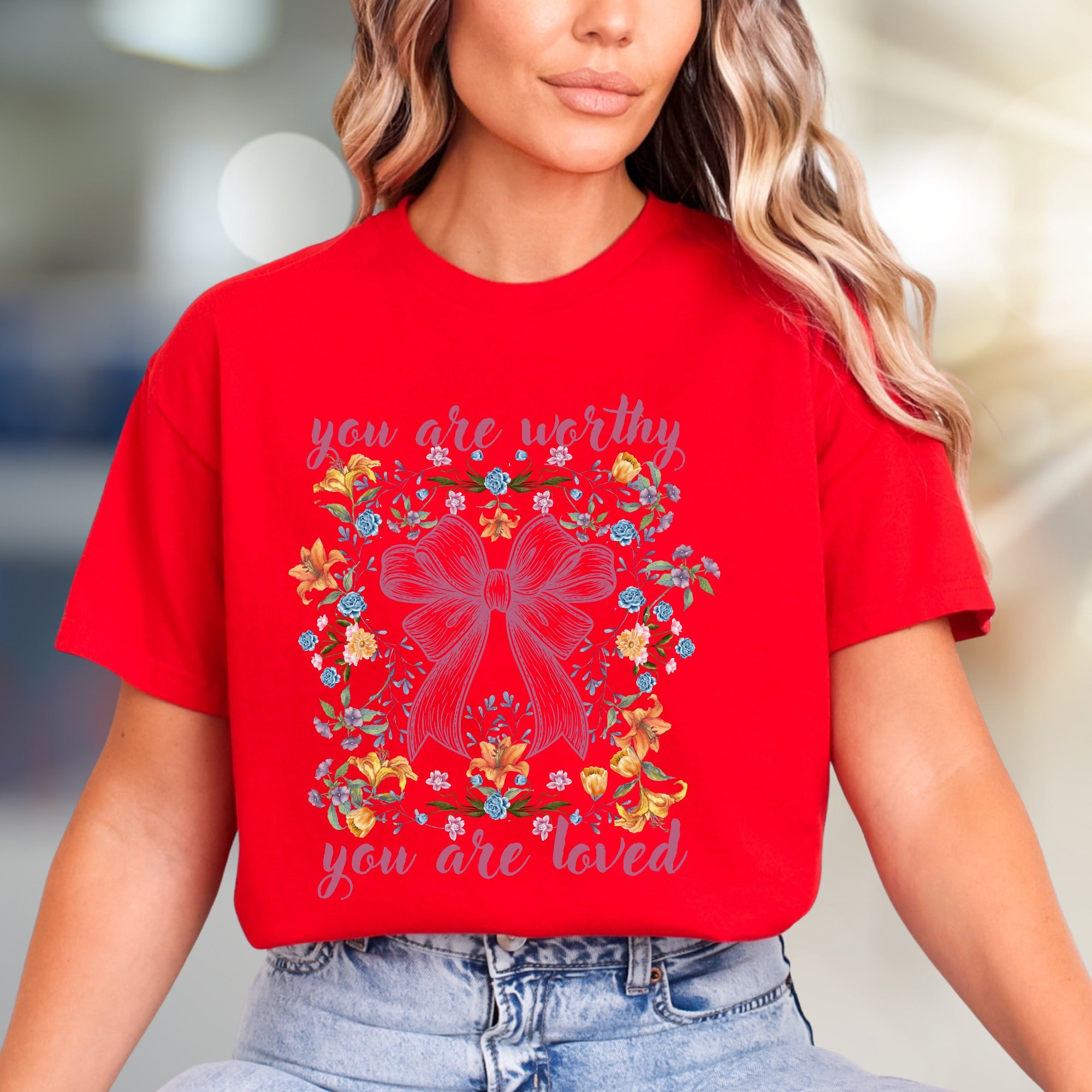 "You Are Worthy You Are Loved" Floral Bow Graphic Tee, a Self-Care Pick for Her