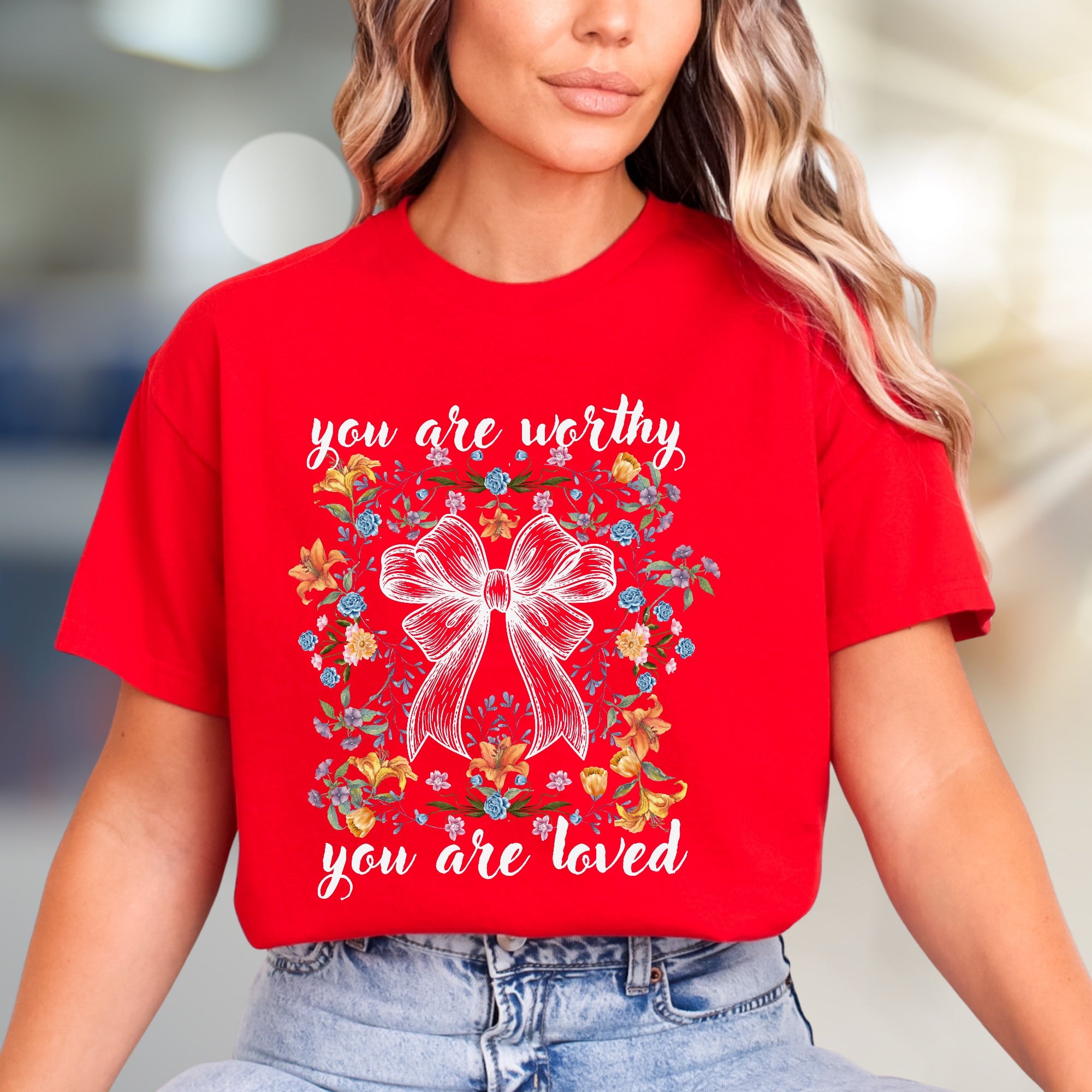 "You Are Worthy, You Are Loved" Floral Bow Graphic Tee, a Self-Love Pick for Women