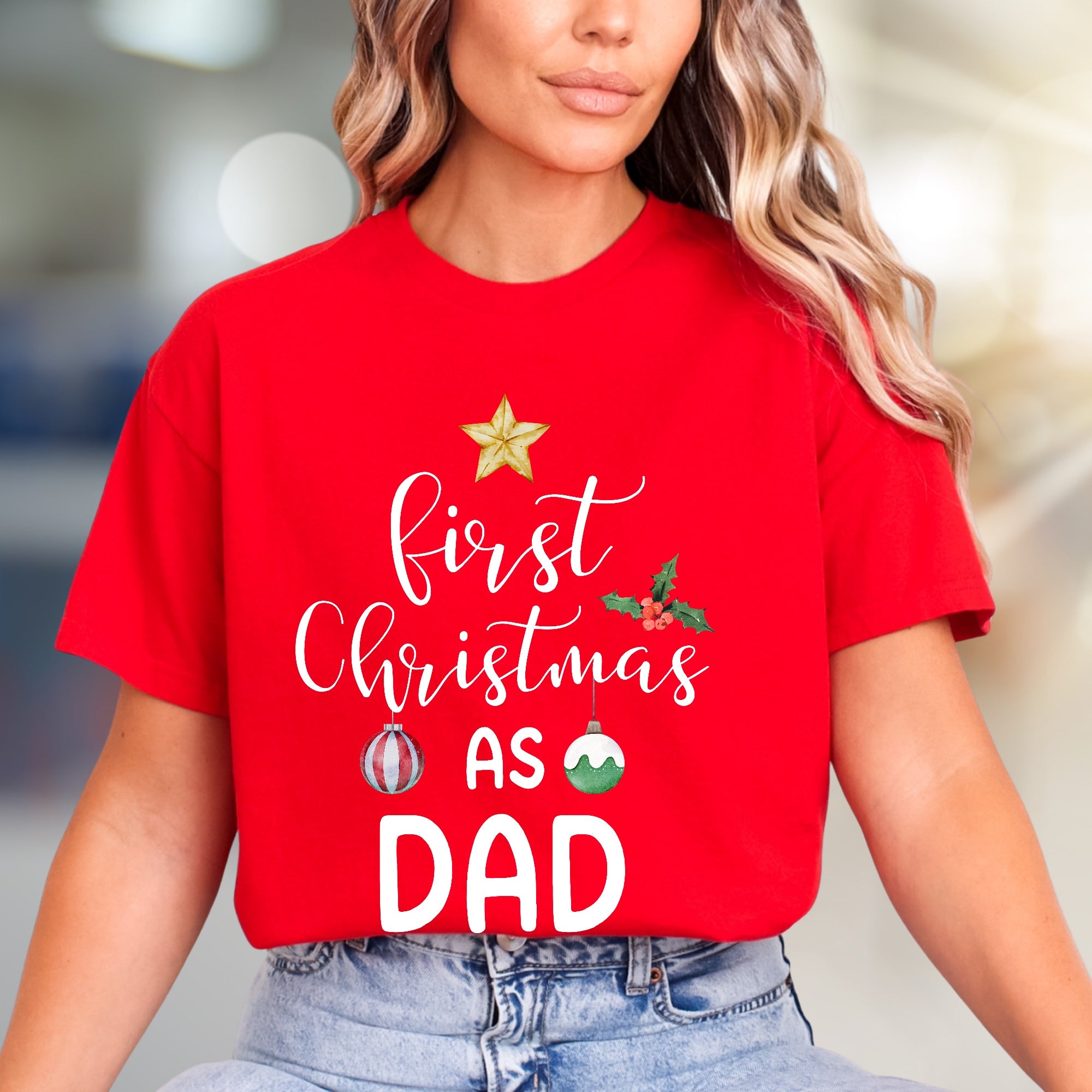 "First Christmas As Dad" Festive Graphic Tee, a New Dad's Holiday Pick
