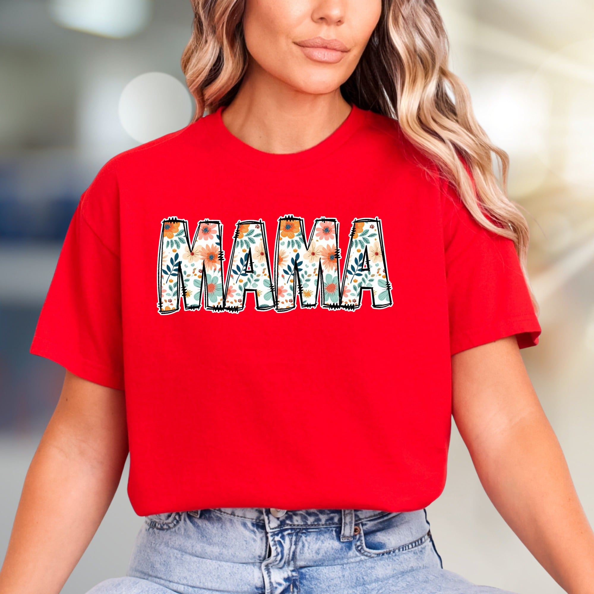 "MAMA" Floral Block Letter Graphic Tee, A Botanical Tribute for Moms