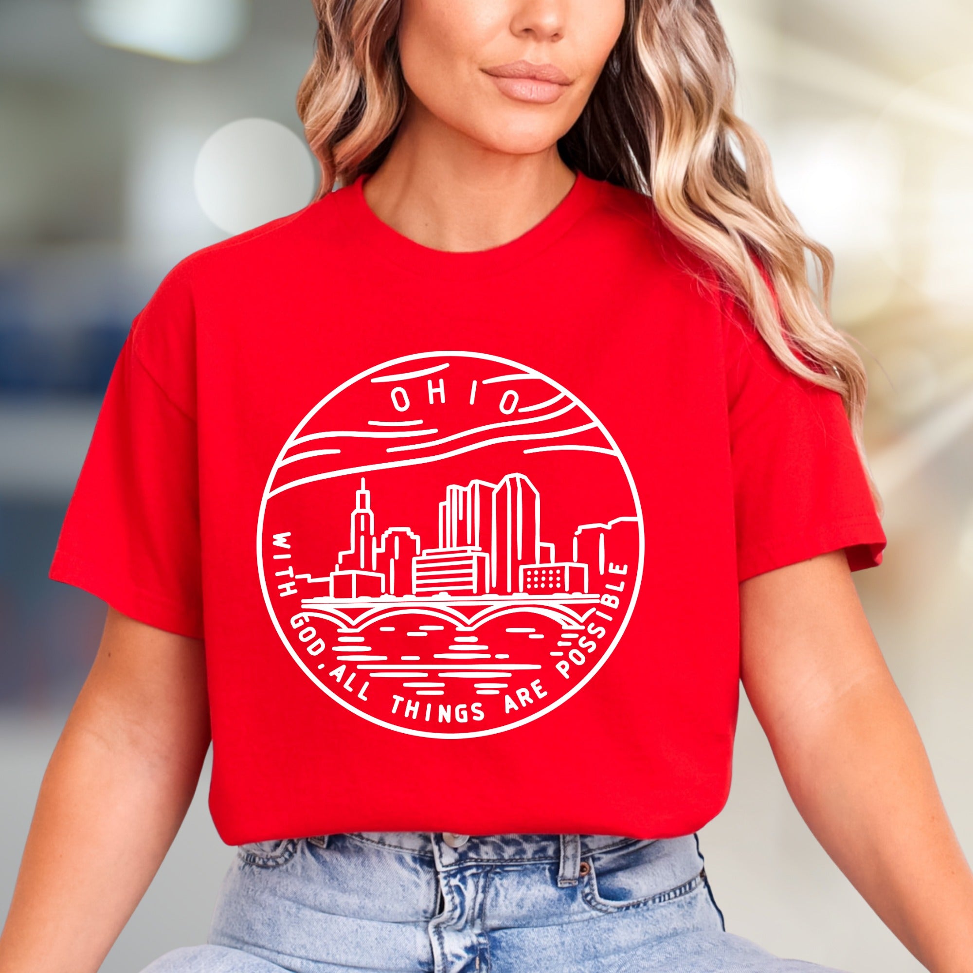 "With God, All Things Are Possible" Ohio Cityscape Graphic Tee, a Faith-Inspired Local Pick for Believers