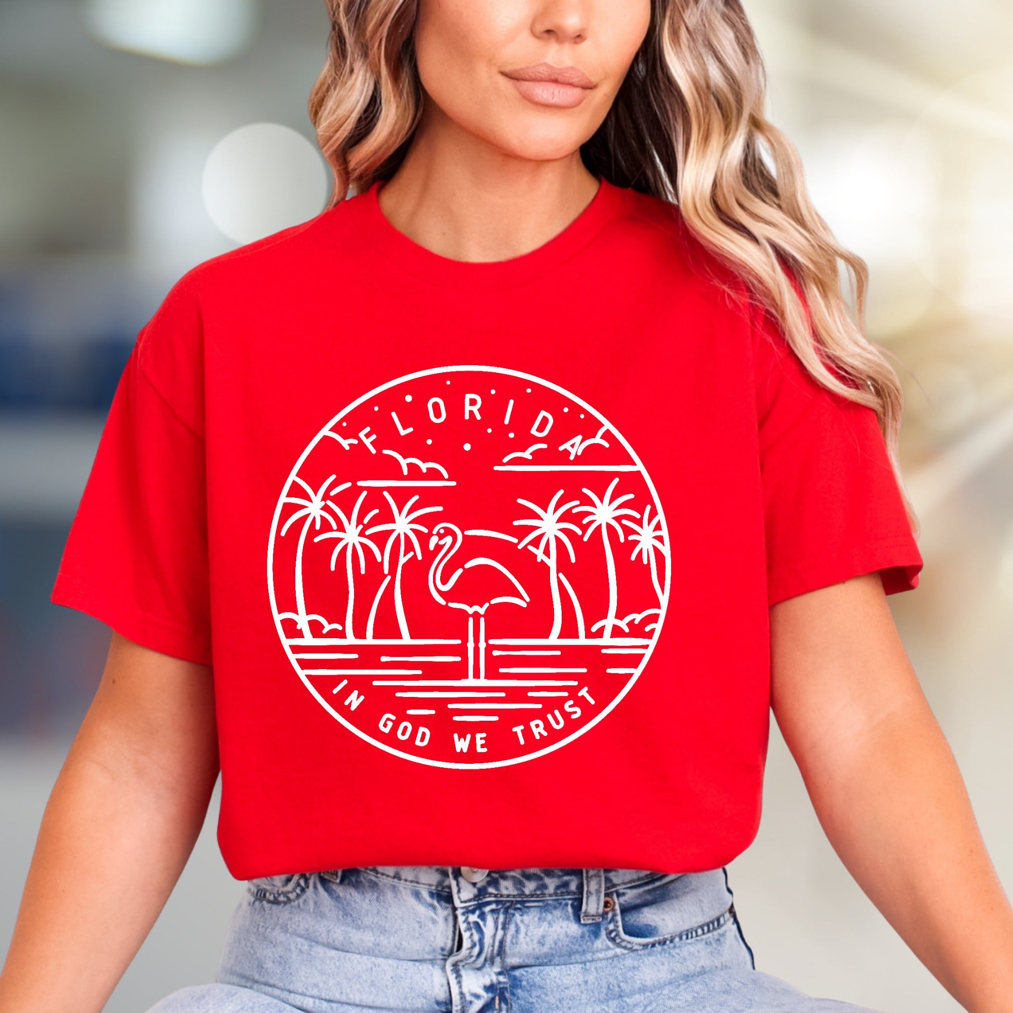 "Florida In God We Trust" Tropical Flamingo Tee, a Retro Florida Pick for Beach Lovers