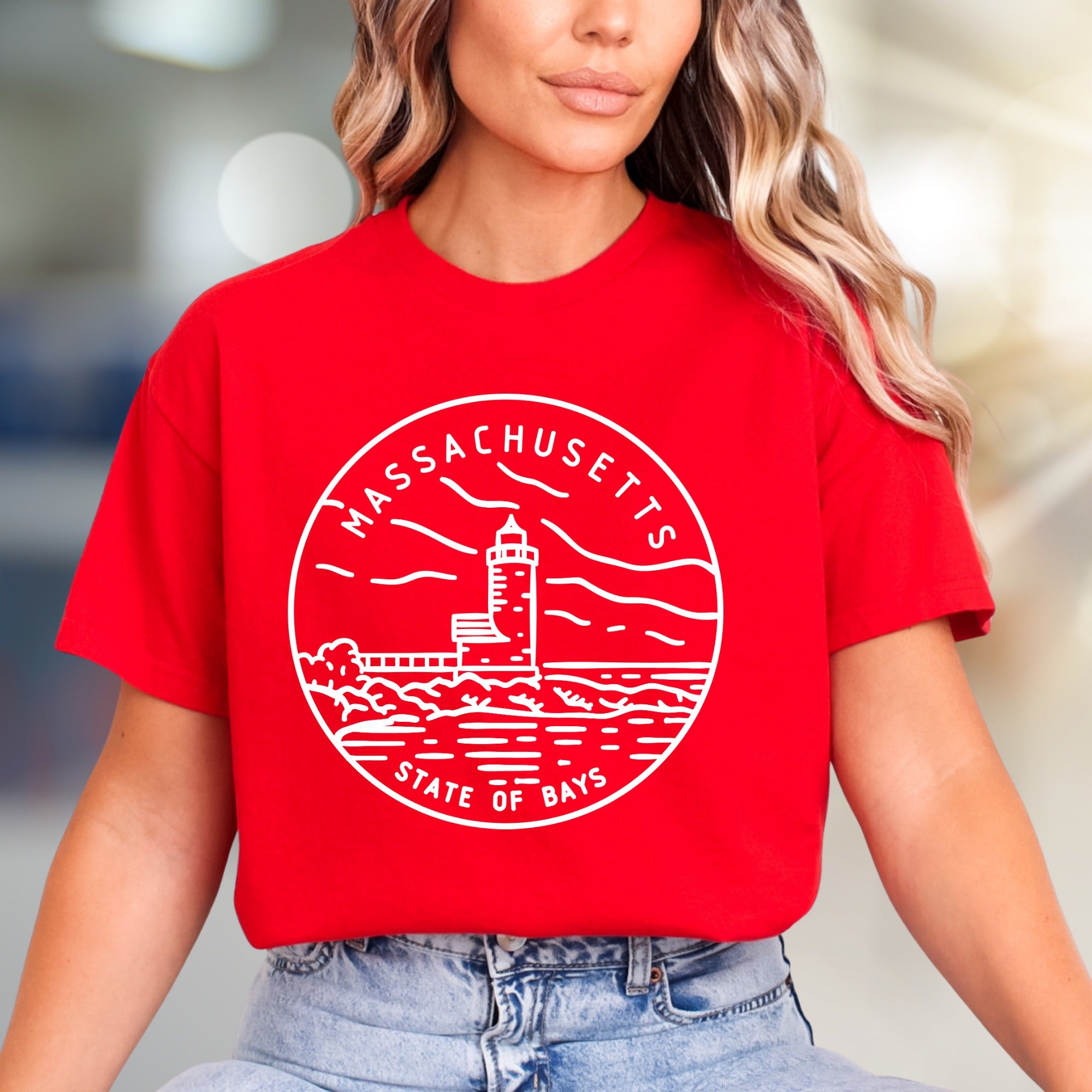 "Massachusetts State of Bays" Coastal Lighthouse Graphic Tee, a Nautical Pick for Sea Lovers