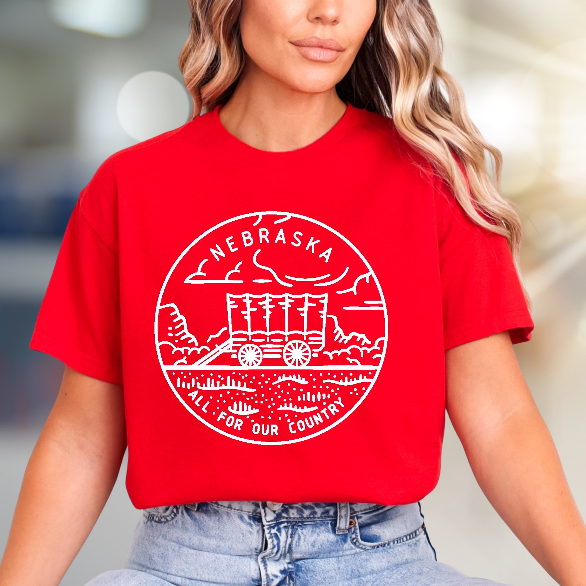 "NEBRASKA ALL FOR OUR COUNTRY" Pioneer Wagon Graphic Tee, a Heritage Pick for State Enthusiasts