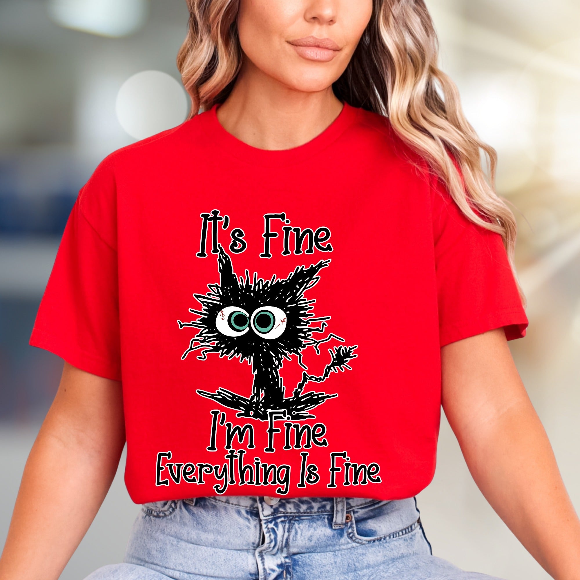 "It's Fine I'm Fine Everything Is Fine" Funny Cat Graphic Tee, a Witty Pick for Humor Lovers