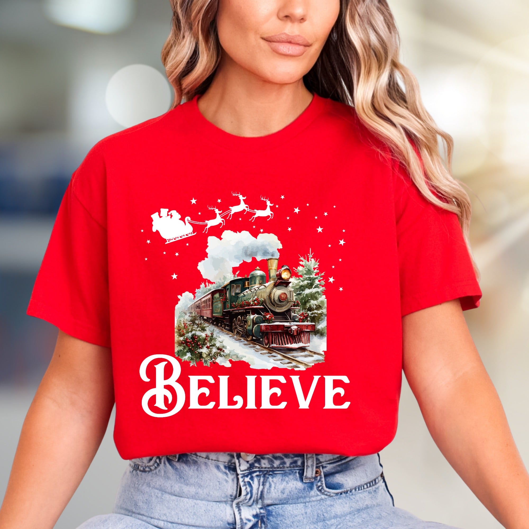 "BELIEVE" Christmas Train Graphic Tee, a Winter Wonderland Pick for Holiday Enthusiasts