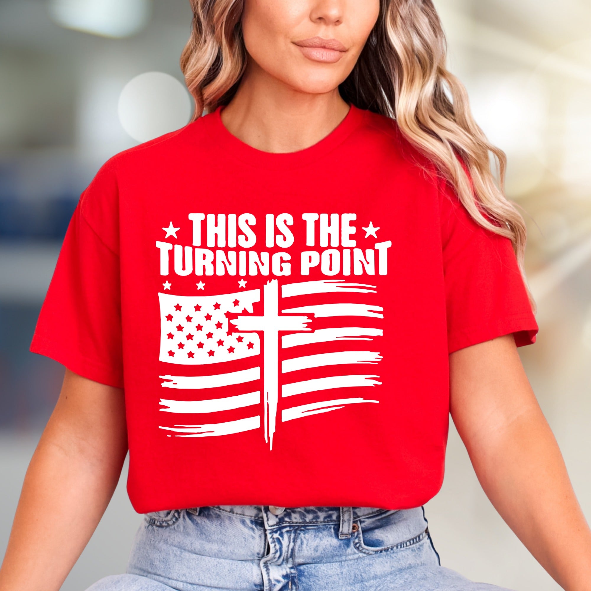 "THIS IS THE TURNING POINT" American Flag Cross Graphic Tee, a Faith-Inspired Statement