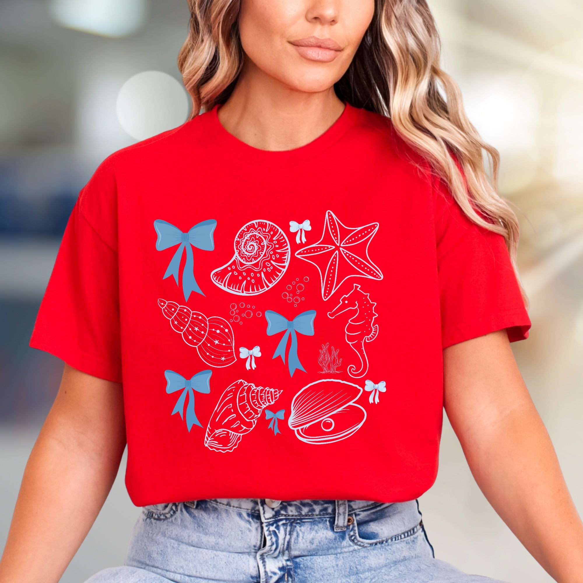 Oceanic Bows & Seashells Graphic Tee, a Whimsical Coastal Pick for Beach Lovers