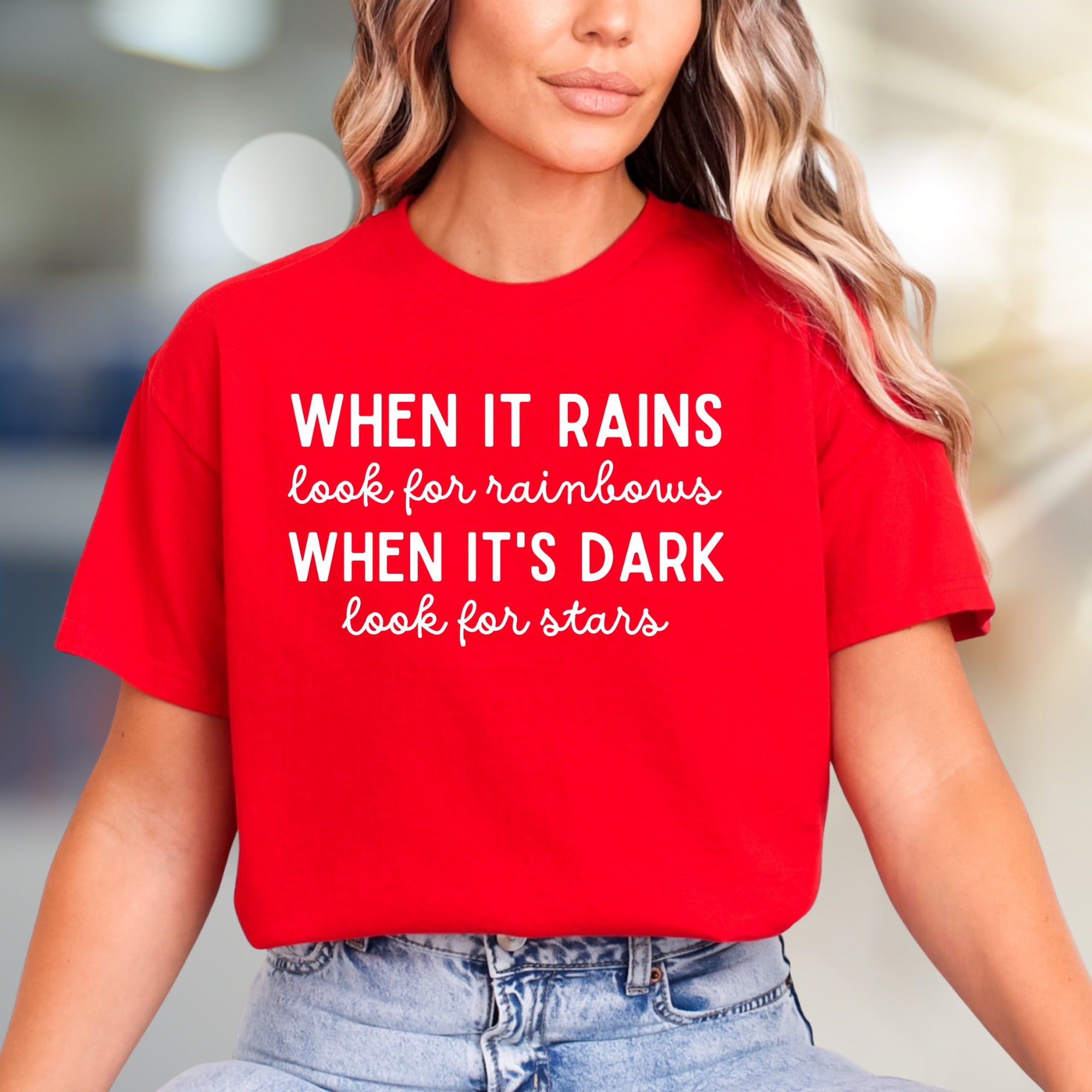 "WHEN IT RAINS look for rainbows" Inspirational Quote Graphic Tee, a Positive Vibe Pick for Optimists