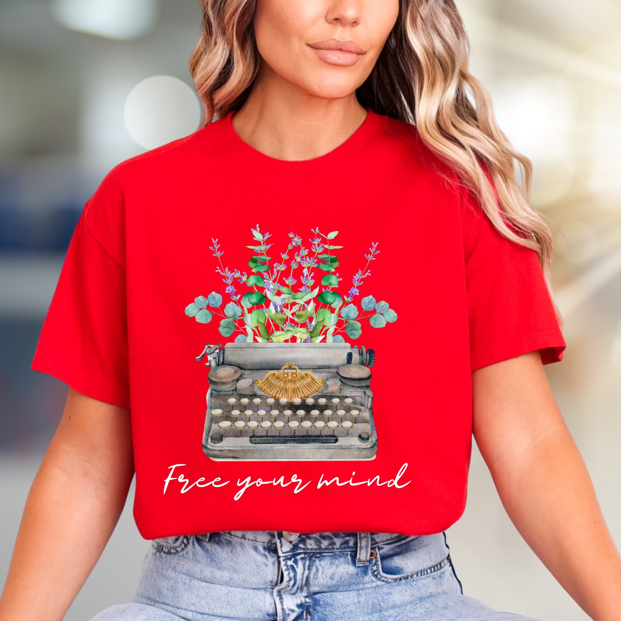 "Free Your Mind" Typewriter Floral Graphic Tee, a Creative Expression Unisex Tee