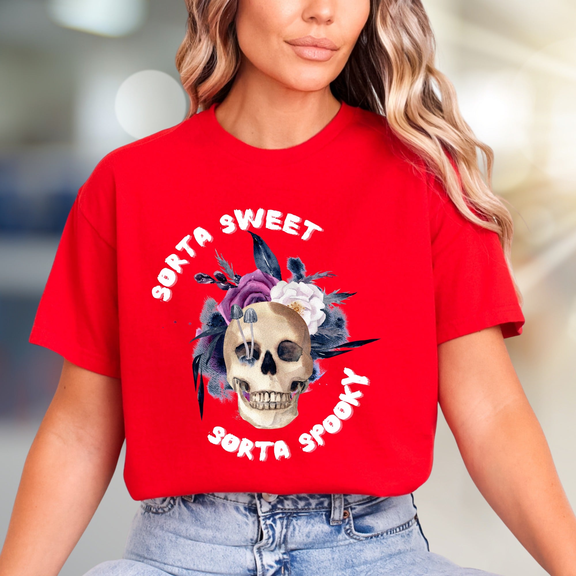 "Sorta Sweet Sorta Spooky" Skull Graphic Tee, a Gothic Chic Pick for Halloween Lovers