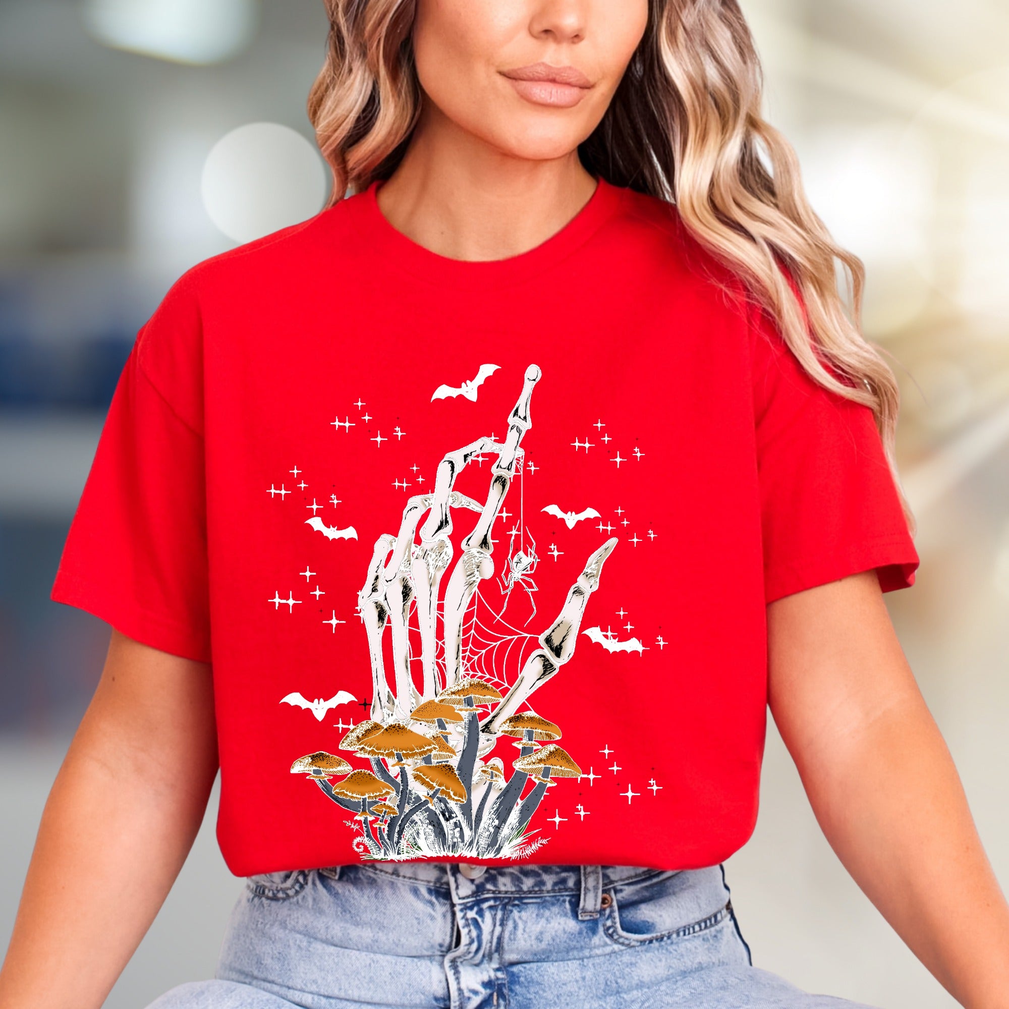 Skeleton Hand Mushroom Graphic Tee, a Spooky-Cute Pick for Halloween Lovers
