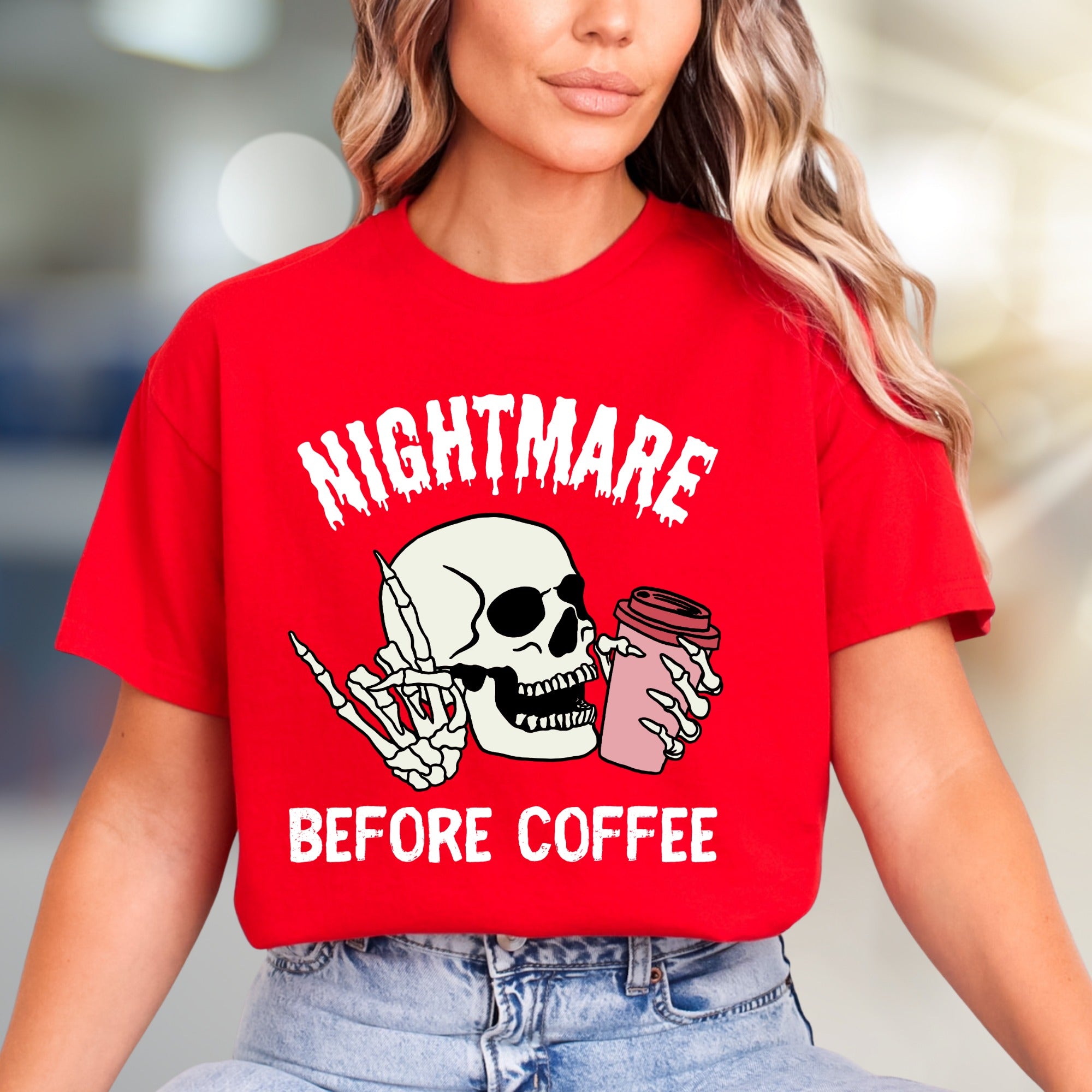 "NIGHTMARE BEFORE COFFEE" Humorous Skeleton Graphic Tee, a Witty Statement for Coffee Lovers