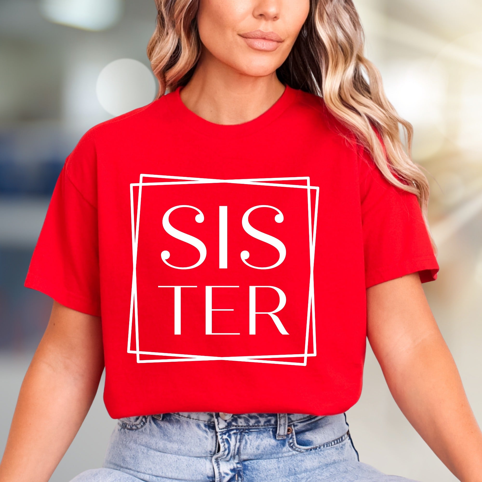 "SISTER" Geometric Graphic Tee, a Modern Family Pick for Loved Ones