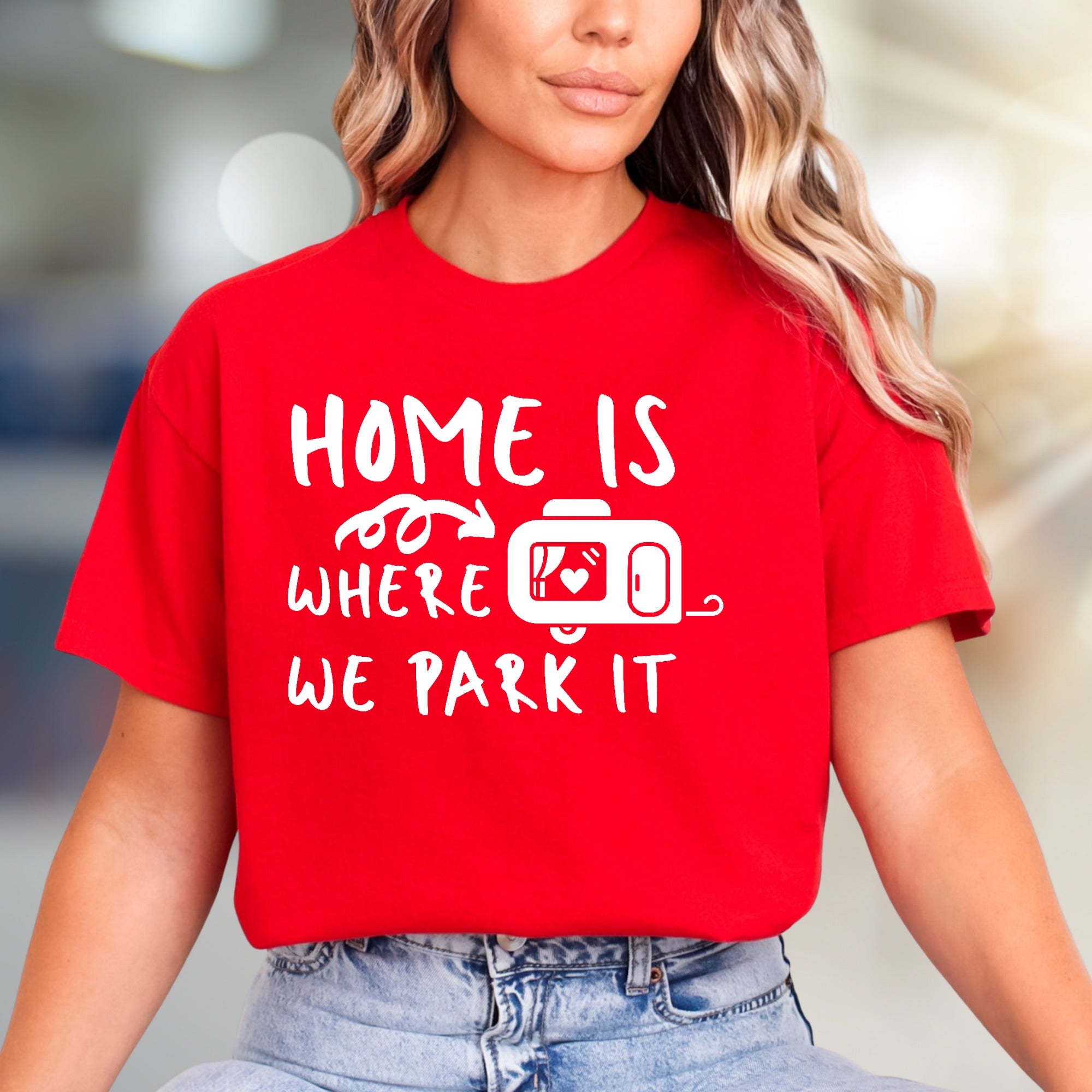 "HOME IS WHERE WE PARK IT" Camper Graphic Tee, A Laid-Back Travel Shirt for RV Lovers