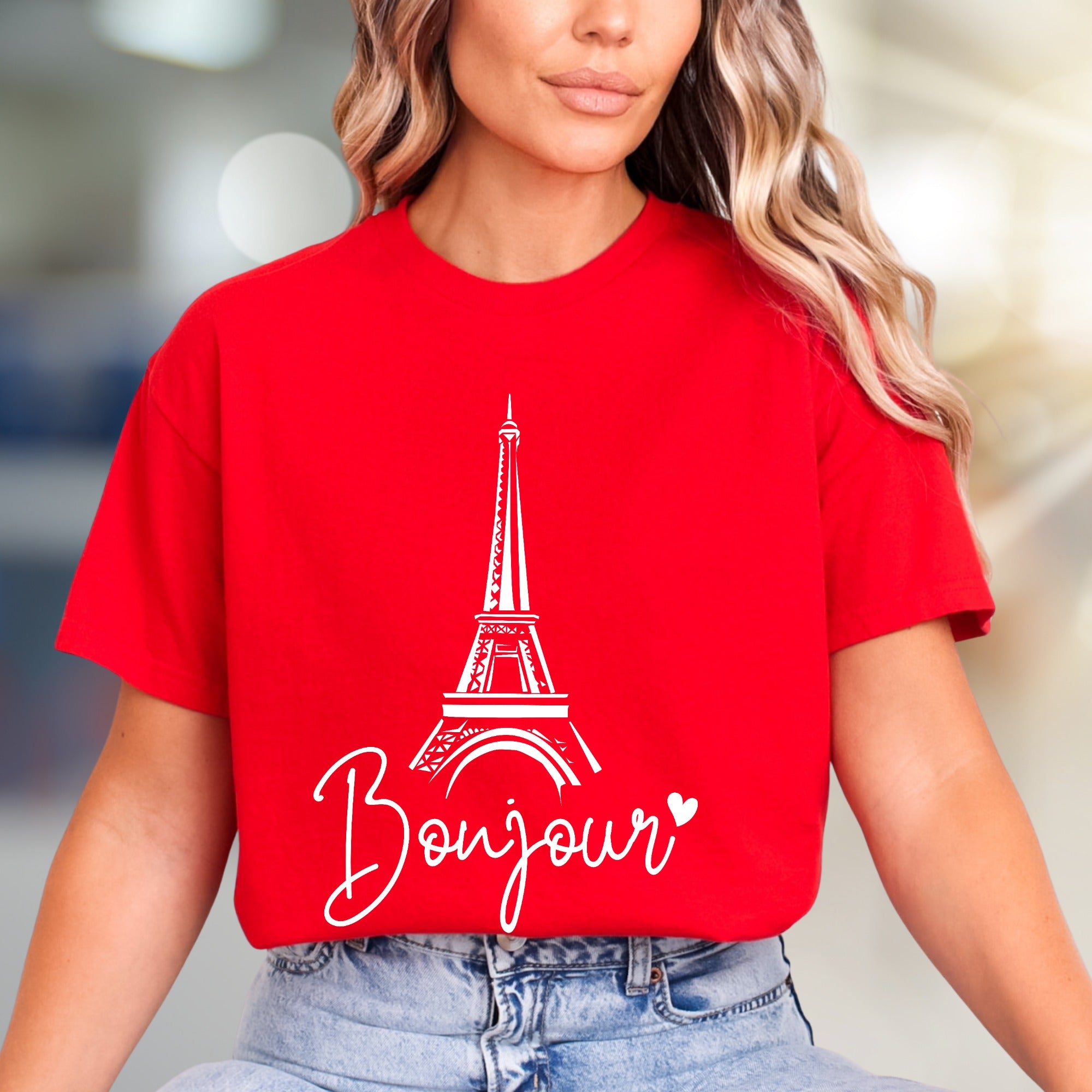 "Bonjour" Eiffel Tower Graphic Tee, a Parisian Chic Pick for Travelers