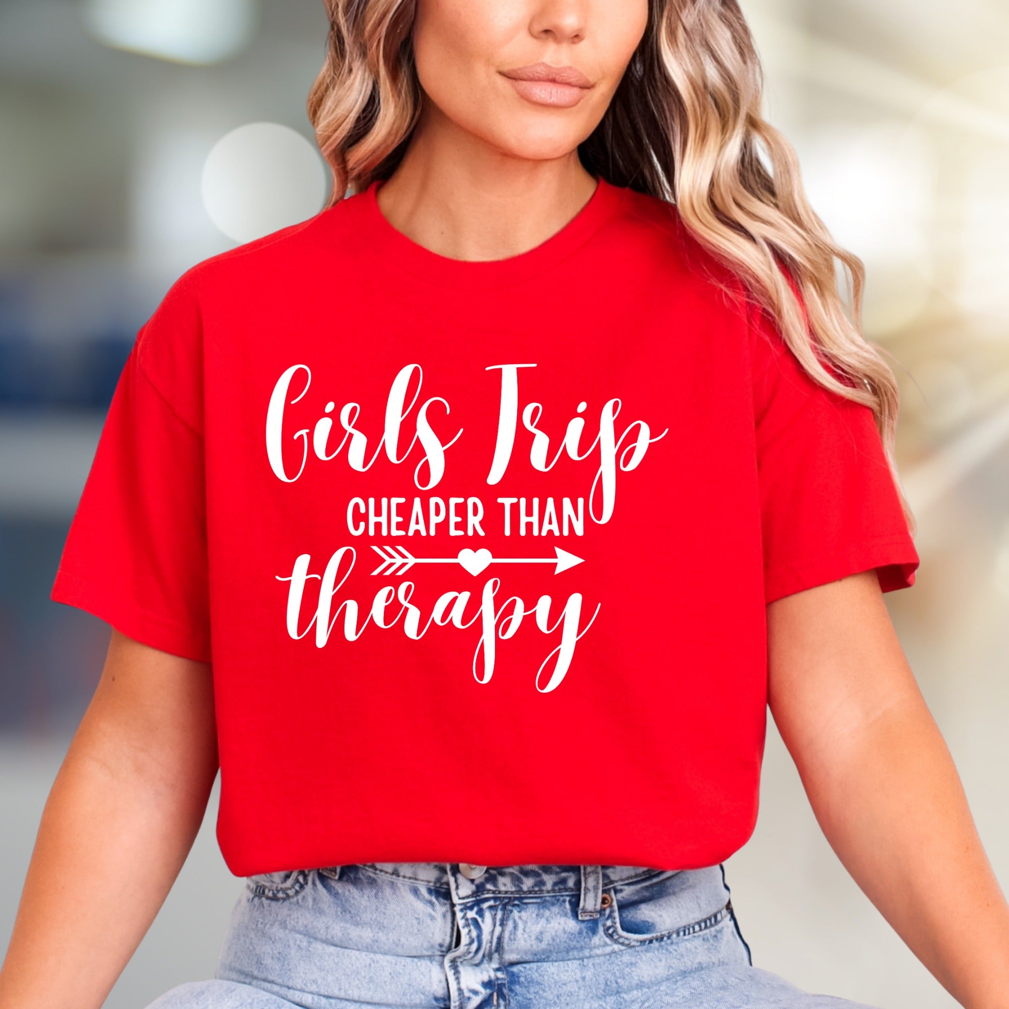 "Girls Trip Cheaper Than Therapy" Fun Graphic Tee, a Vacation Humor Pick for Friends