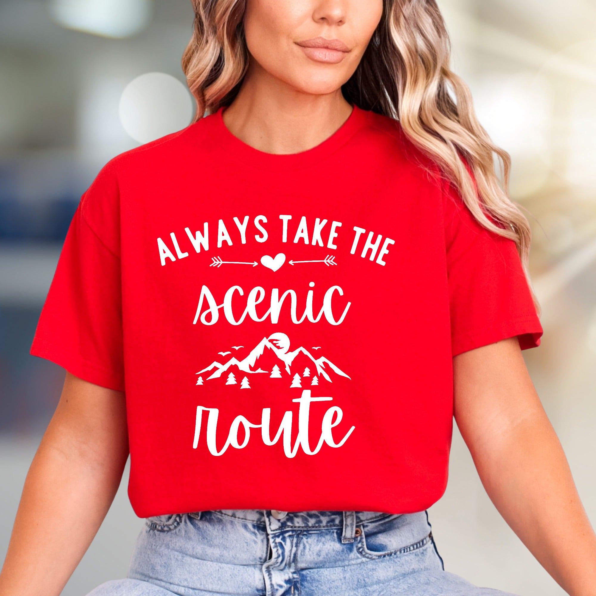 "Always Take the Scenic Route" Mountain Graphic Tee, a Nature Lover's Pick for Adventurers
