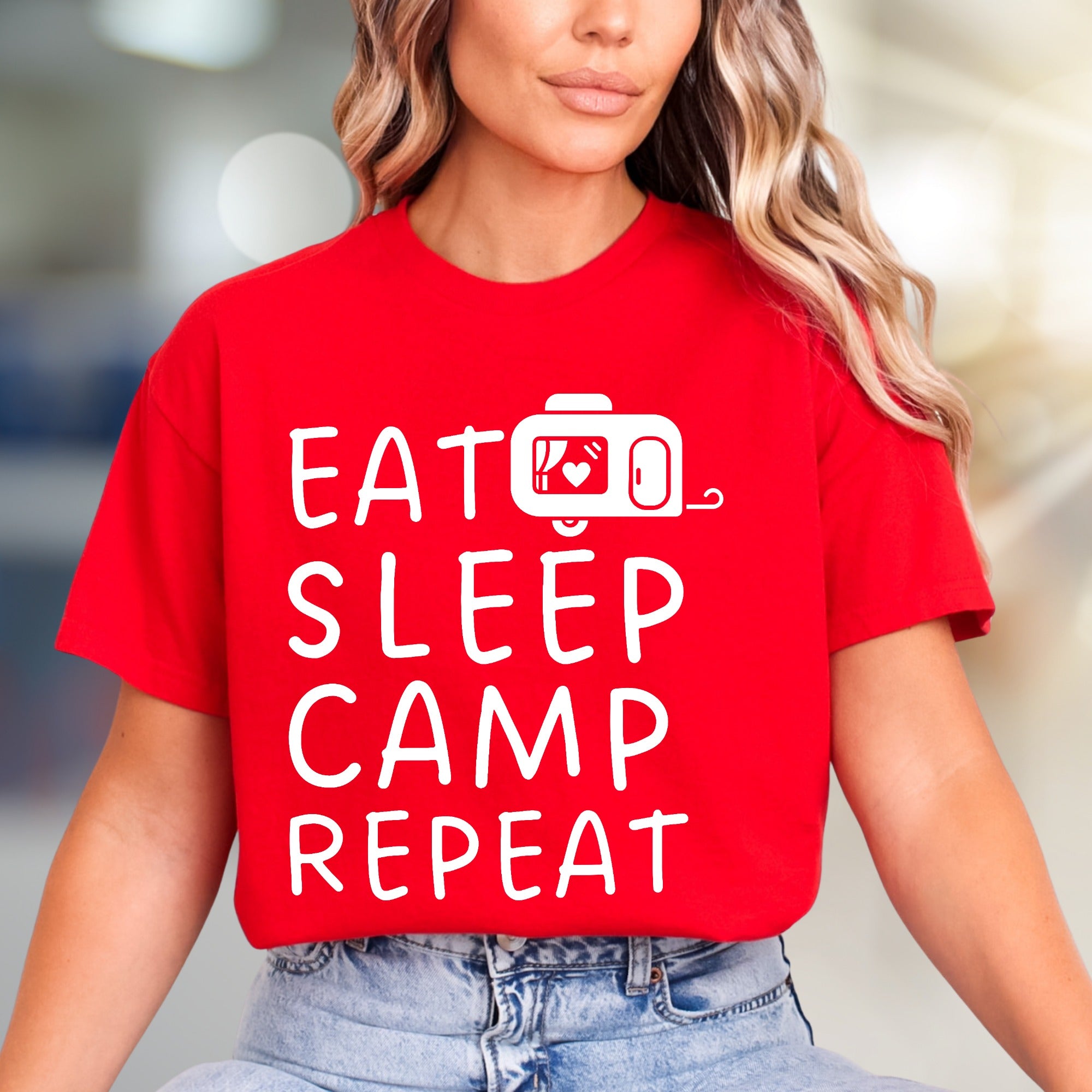 "EAT SLEEP CAMP REPEAT" Camper Graphic Tee, a Outdoorsy Pick for Enthusiasts