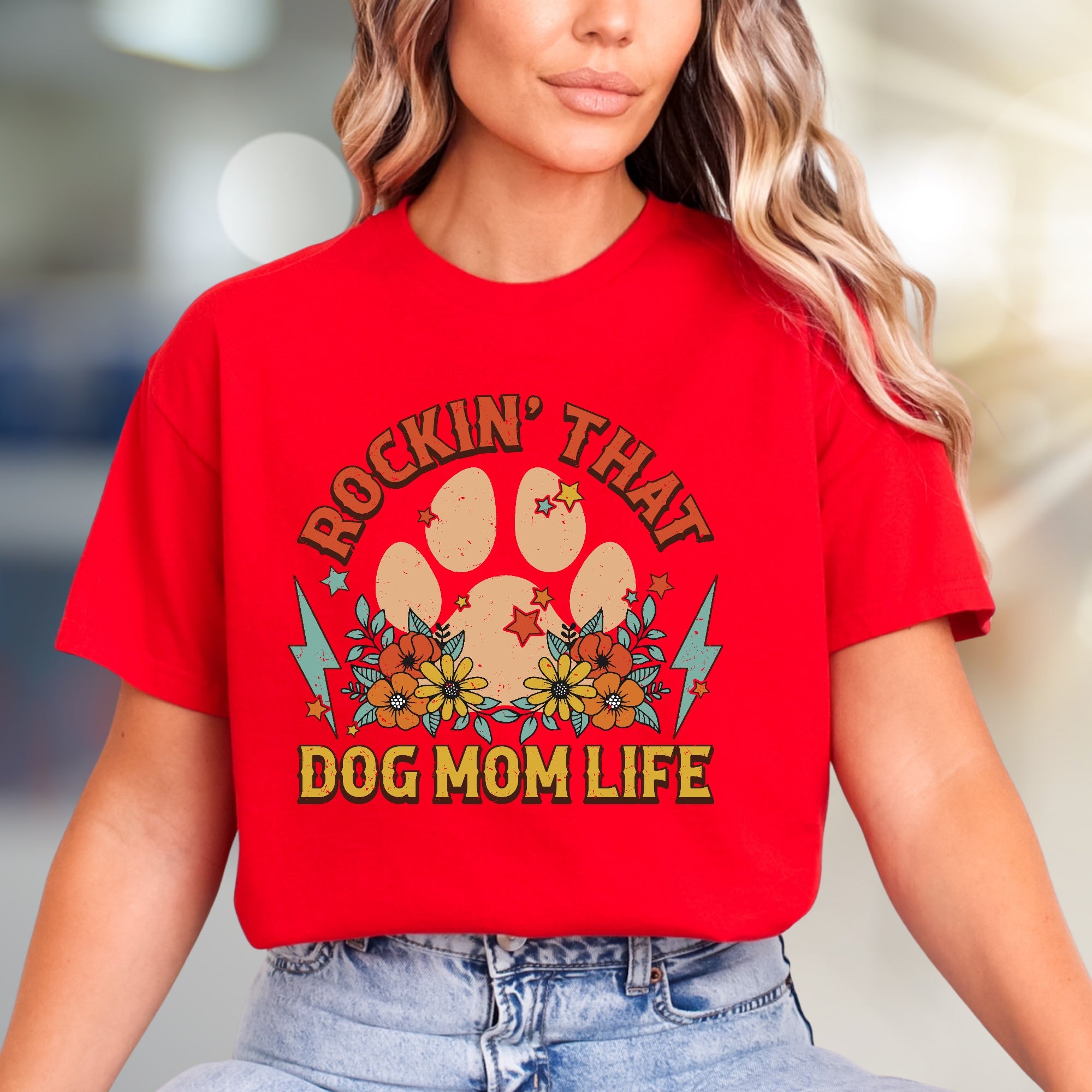 "Rockin' That Dog Mom Life" Retro Dog Mama Graphic Tee, a Paw Print Style Pick for Pet Owners