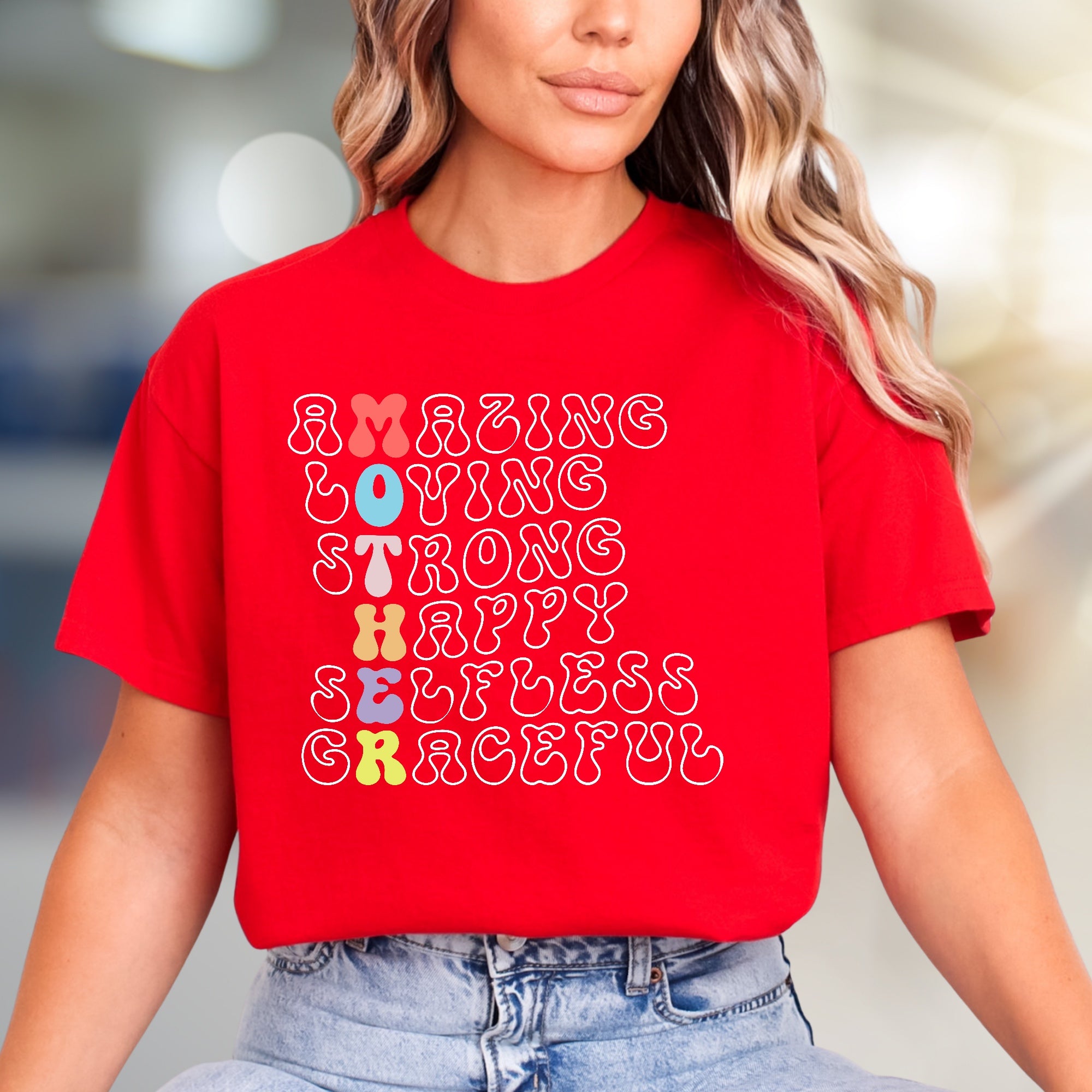 "Amazing Loving Strong Happy Selfless Graceful" Motherhood Graphic Tee, a Heartfelt Pick for Moms