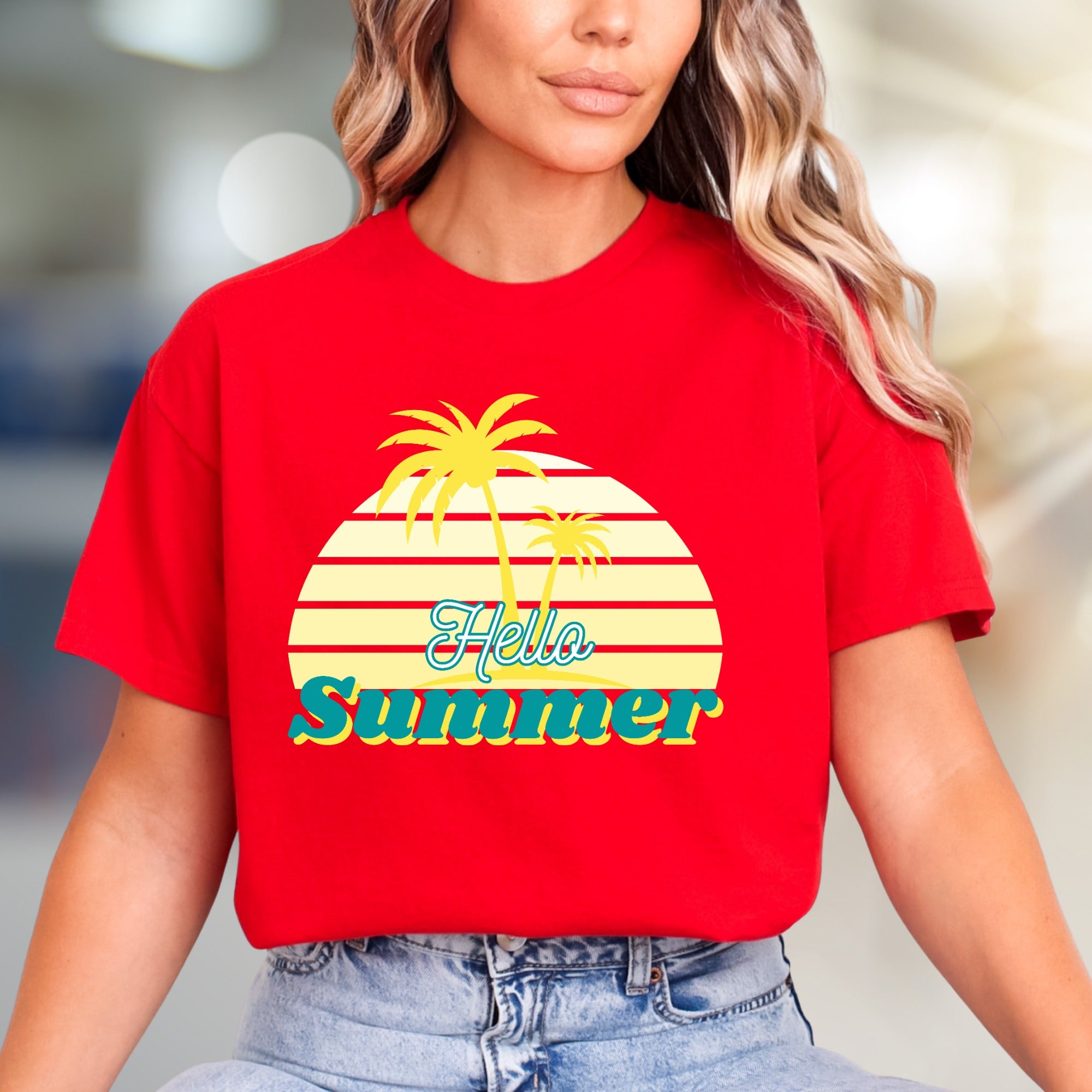 "Hello Summer" Tropical Sunset Graphic Tee, a Vacation Vibes Pick for Beach Lovers