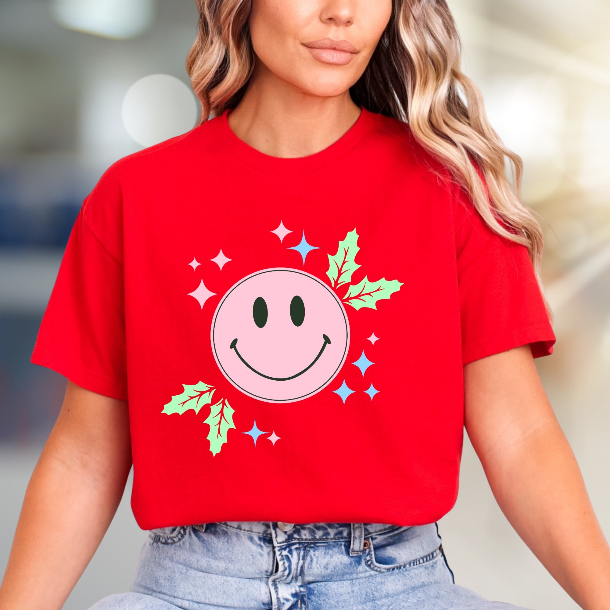 Happy Holly Jolly Smile Face Graphic Tee, a Festive Comfort Pick for Joyful Spirits