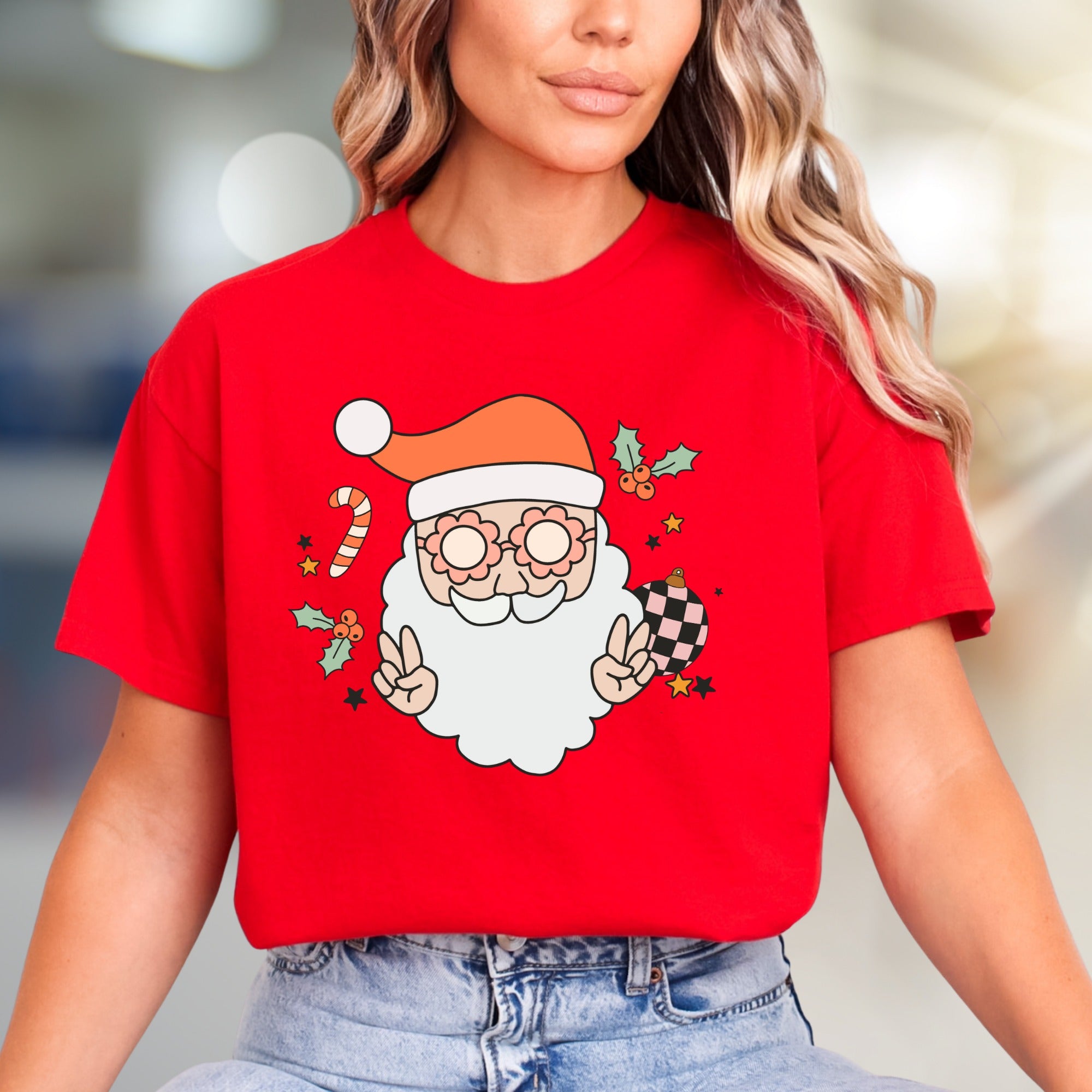 Funky Santa Peace Sign Holly Jolly Christmas Graphic Tee, a Retro Holiday Pick for Everyone