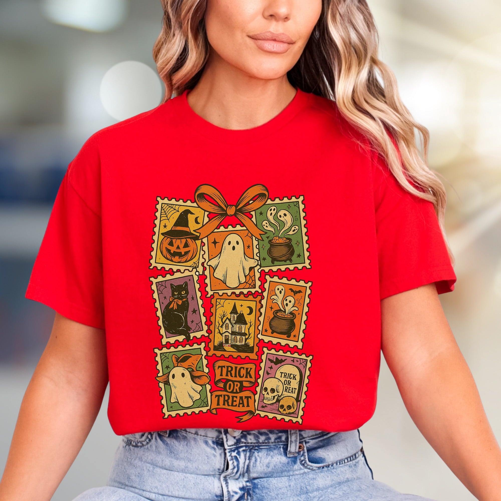 "TRICK OR TREAT" Vintage Halloween Stamp Graphic Tee, a Spooky Pick for Festive Souls