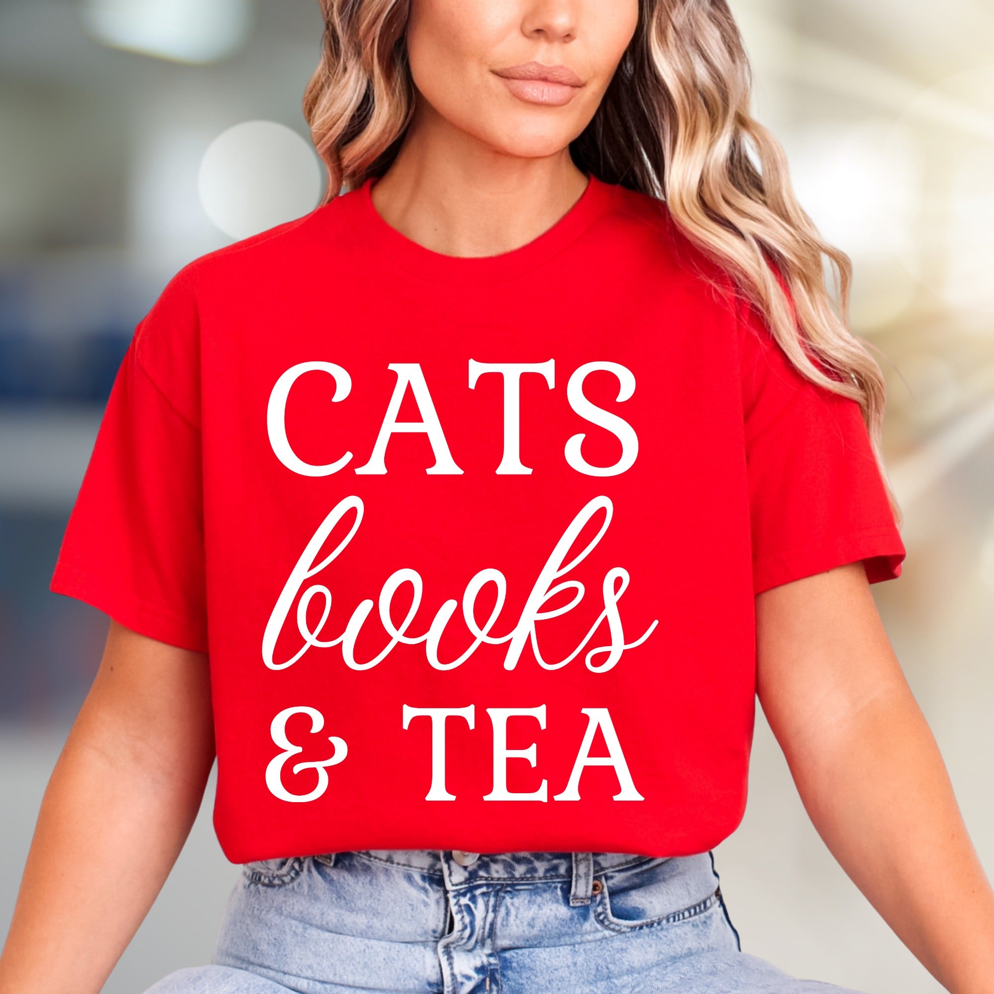 "CATS books & TEA" Cozy Lifestyle Graphic Tee, a Comfort Pick for Introverts