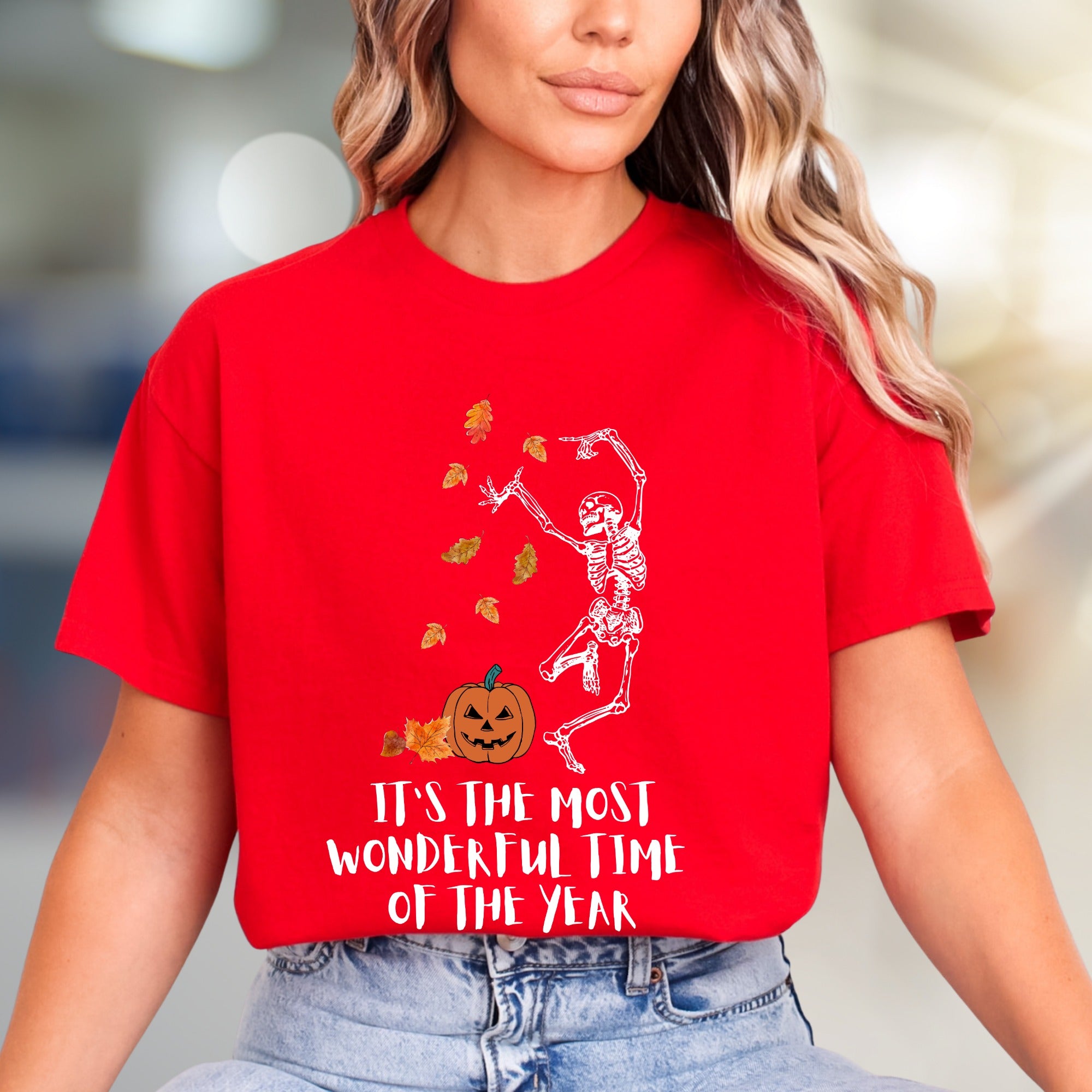 It's the Most Wonderful Time of the Year Halloween Skeleton Graphic Tee, a Spooky Season Pick for Fall Enthusiasts